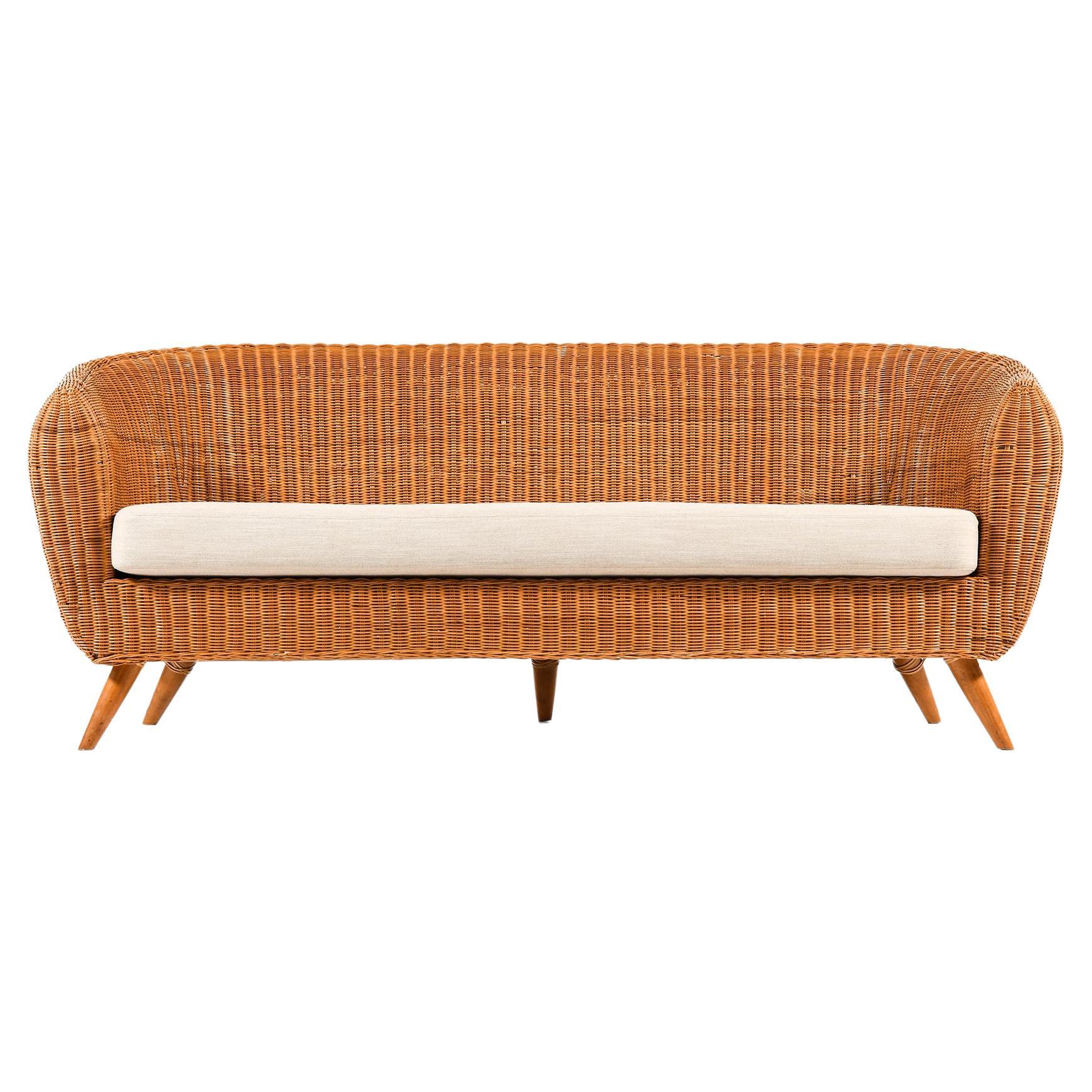 Freestanding Sofa in Rattan, Beech and Reupholstered Fabric, 1960's