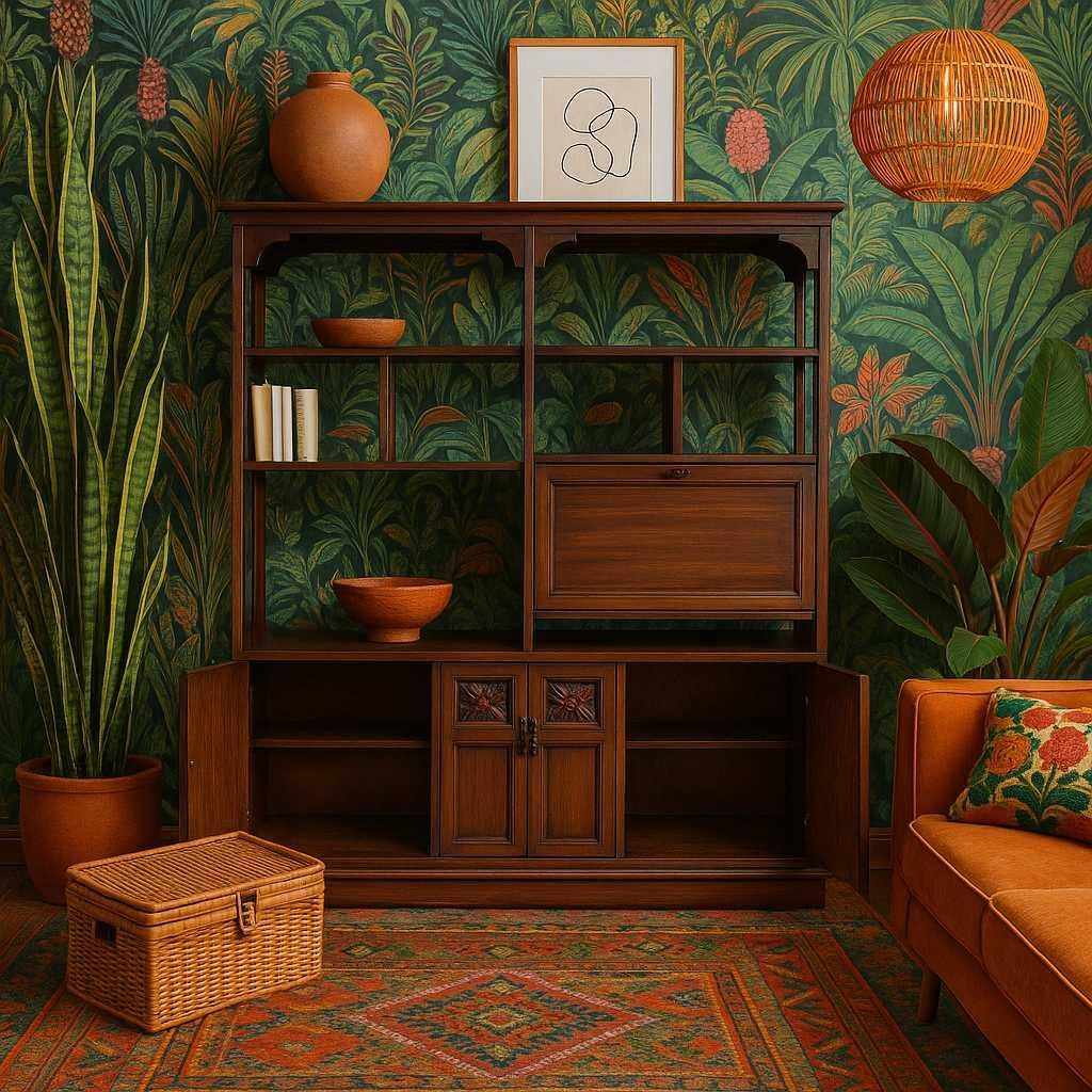 Mueble independiente de pared - Separador de ambientes de madera, Acabado rico, EE.UU., c. 1960 Estadounidense en venta