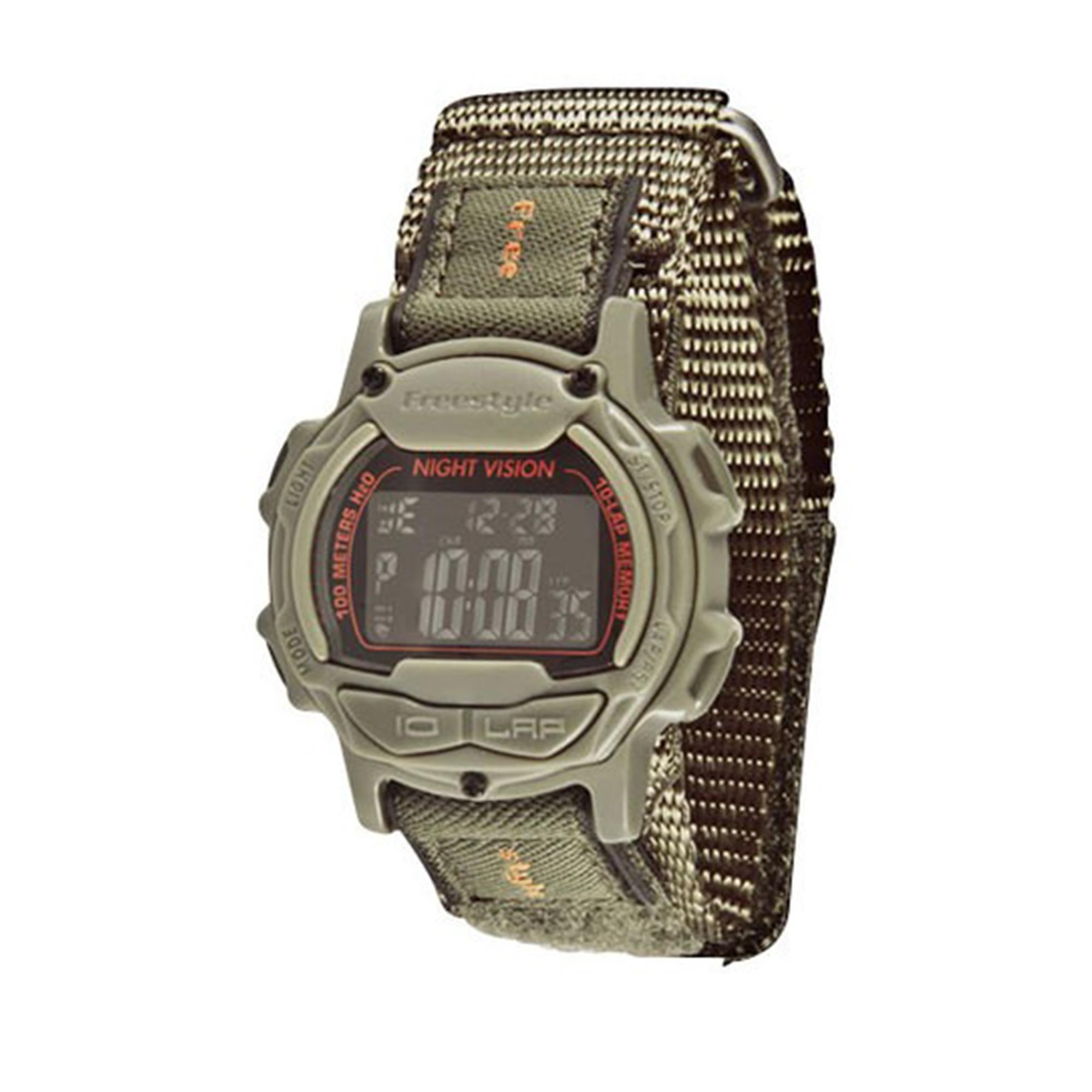 The Endurance Predator is a digital timepiece made by Freestyle. Featuring a 40mm case width sized for medium wrists, the Endurance Predator includes a nylon green strap, dual time, alarm, stopwatch, countdown timer, day/date indicators and night