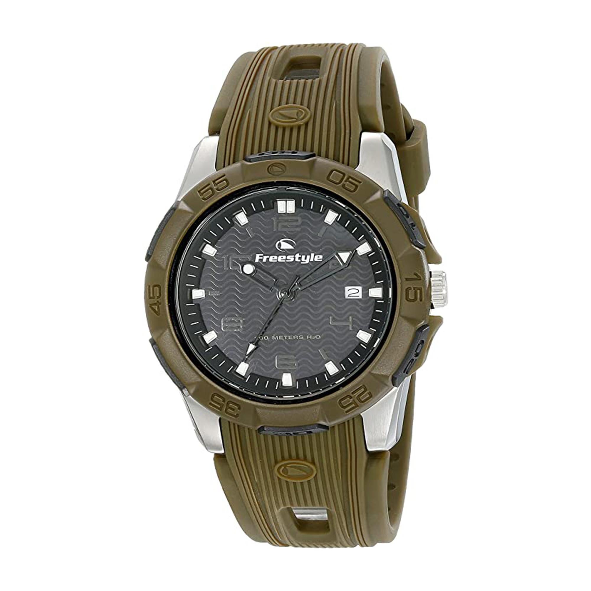 This timepiece has comfortable polyurethane strap with stainless steel case and buckle, durable hardened mineral crystal, night vision backlight, push-down crown and water-resistant to 330 feet (100m).
Japanese-quartz movement
Case Diameter: 40mm