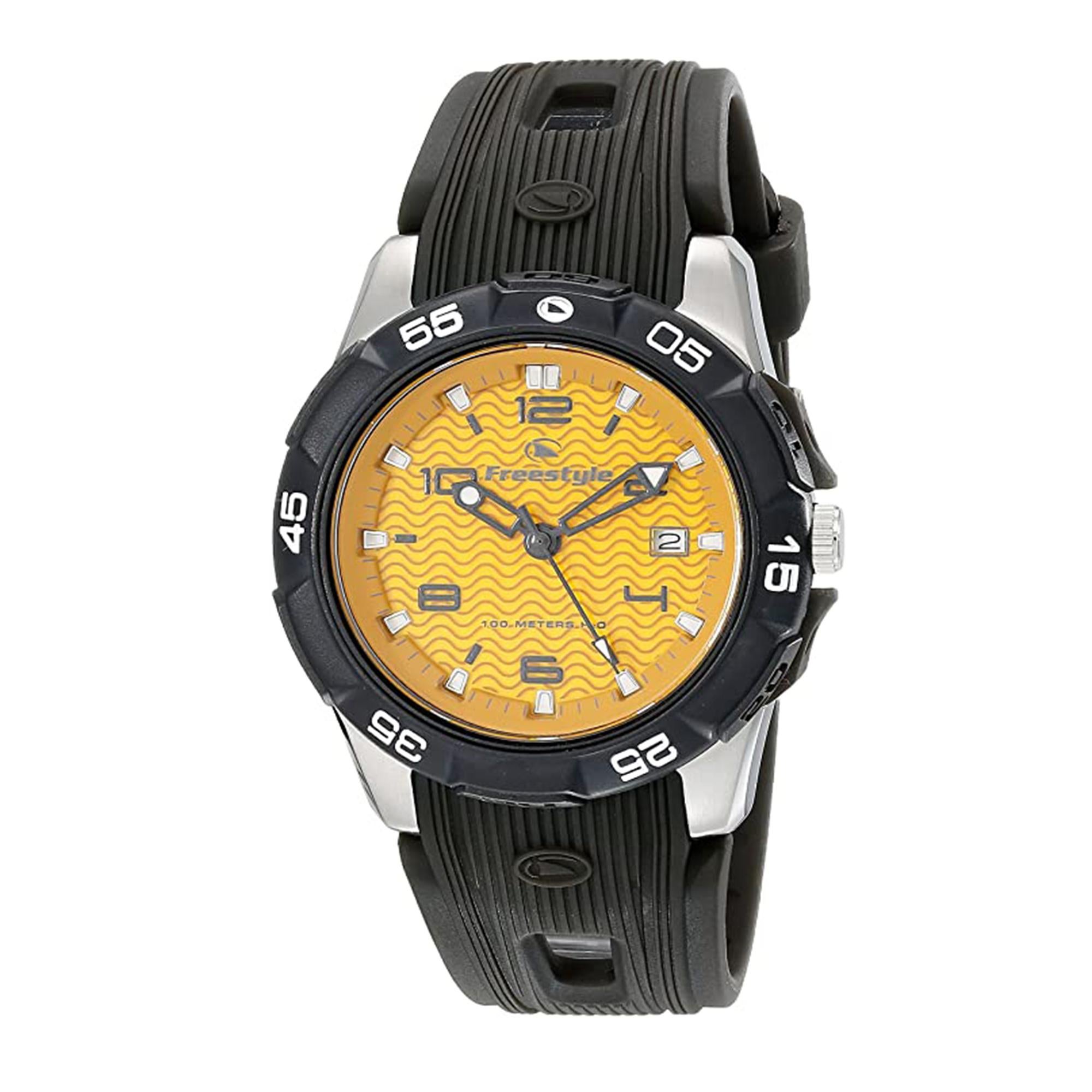 This Freestyle Kampus 10019189 watch includes a durable mineral crystal, 40mm stainless steel case and a comfortable black plastic band. The timepiece has date indicator at 3 o'clock, and 100 meters/330 feet water resistance.