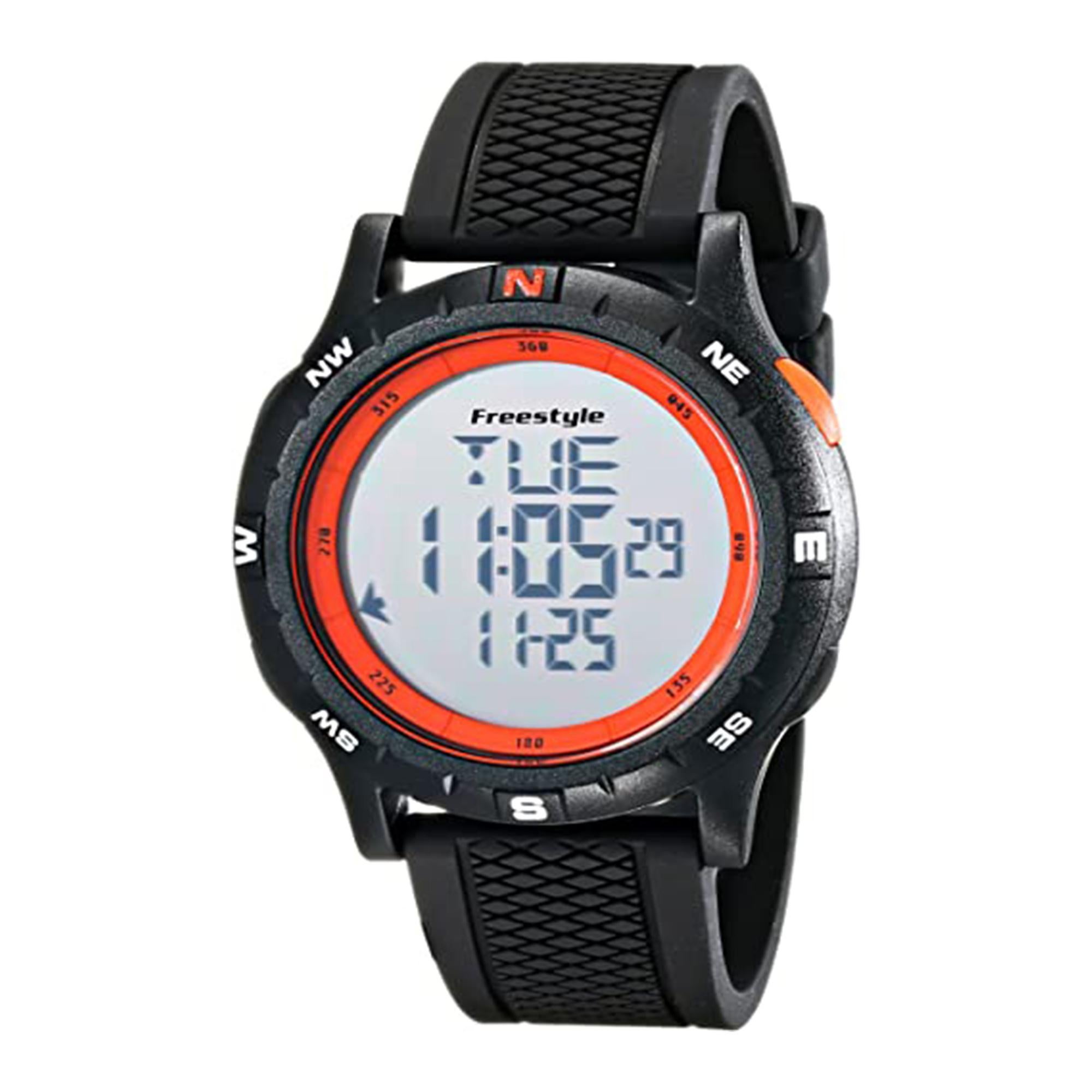 This Freestyle Navigator has quartz digital movement with custom digital compass and Standard Digital Functions (day/time/date, dual time, alarms, countdown heat timer, chronograph and night vision backlight, polyurethane strap with stainless steel