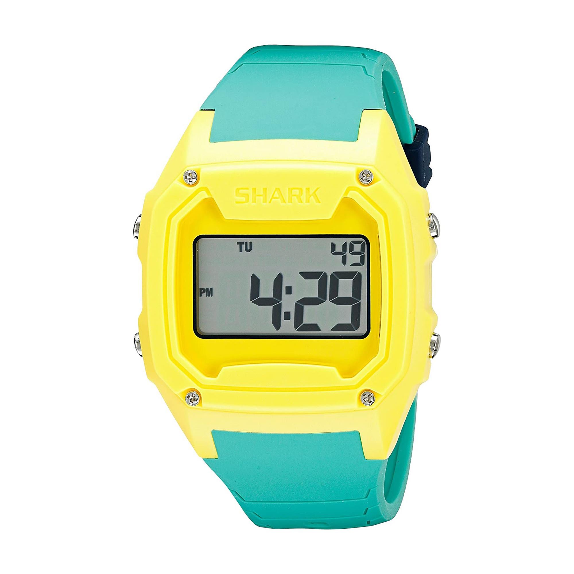 This is a mens Freestyle Shark Classic XL Watch Collection.The timepiece features yellow polycarbonate case and green durable silicone strap. Complications include alarm, dual time, countdown timer, stopwatch function, hydro pushers, night vision.