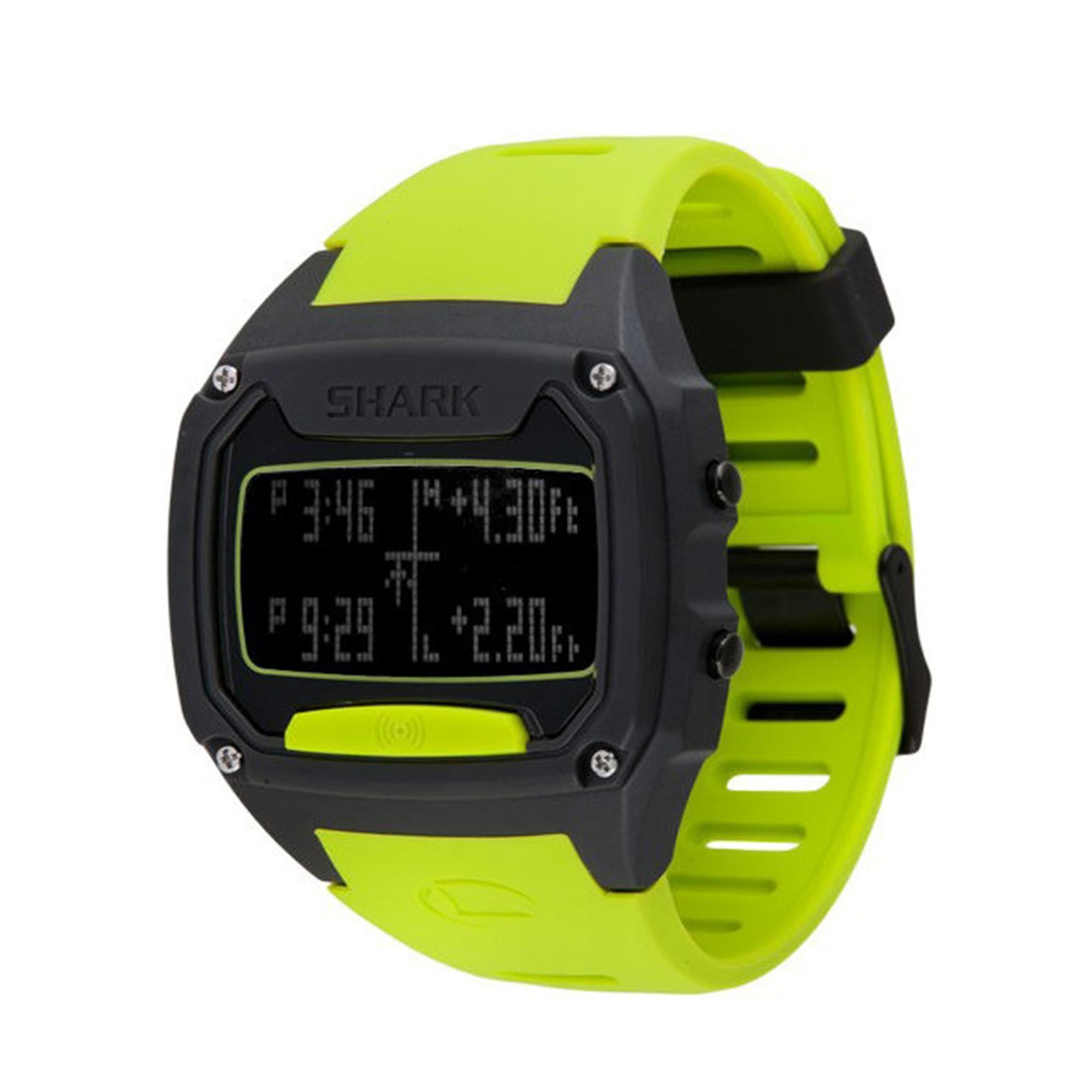 The Shark Tooth tide watch from Freestyle is their first Bluetooth enabled watch with surf and weather data powered by Wavetrak (the data behind Surfline). Features Black plastic case and lime silicon bracelet with steel pushers.Bluetooth enabled.