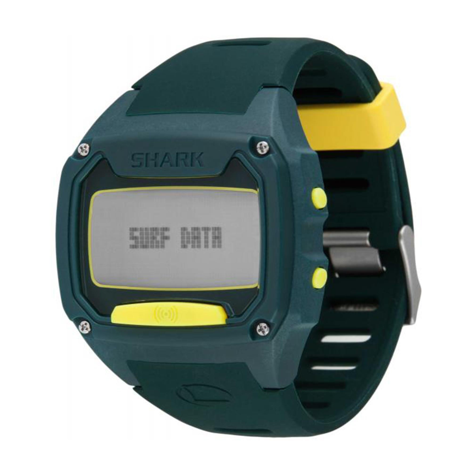 The Shark Tooth tide watch from Freestyle is their first Bluetooth enabled watch with surf and weather data powered by Wavetrak (the data behind Surfline). Features Olive green plastic case and bracelet with yellow pushers.Bluetooth enabled. This