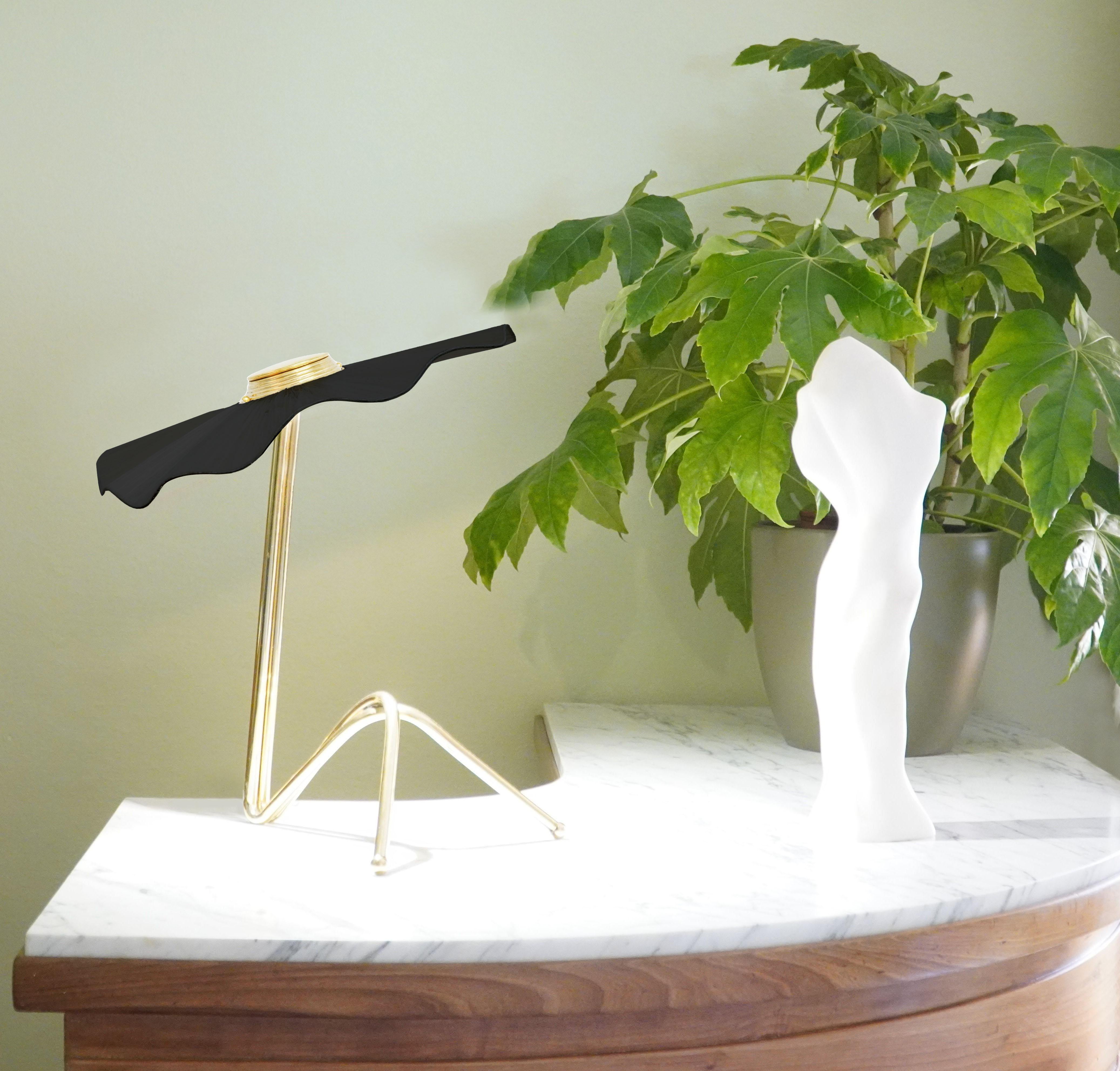 Art Glass Freevolle Sculpture Feminine Table Lamp, Brass black raffia art silvered glass  For Sale