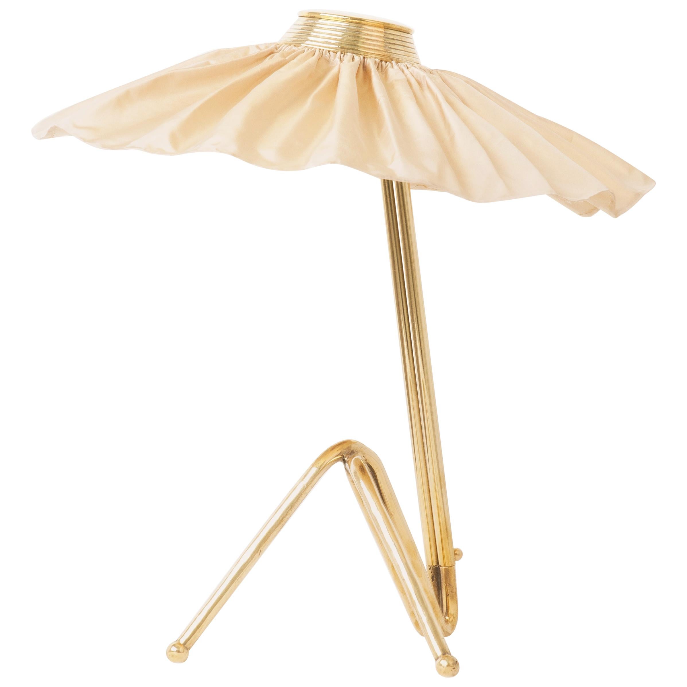 "Freevolle" Sculpture Table Lamp, Brass, Champagne Silk Skirt