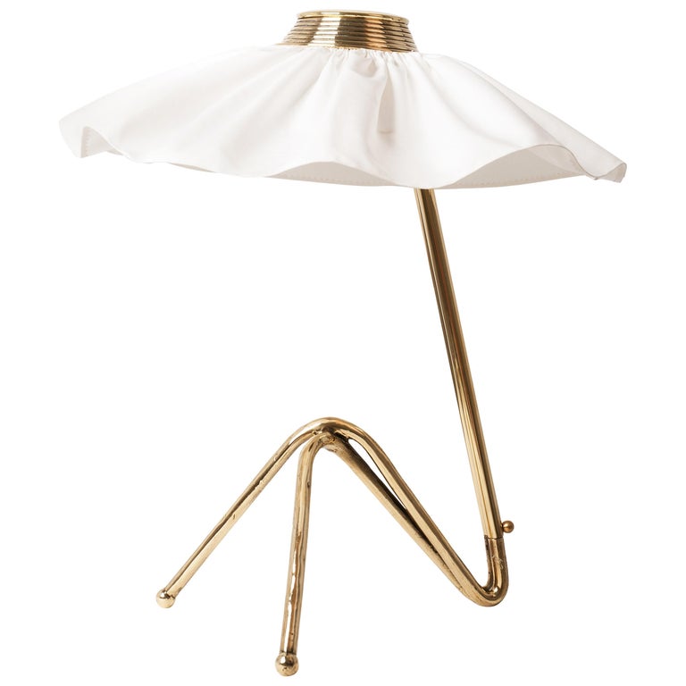 "Freevolle" Sculpture Table Lamp, Brass, satin white Skirt For Sale