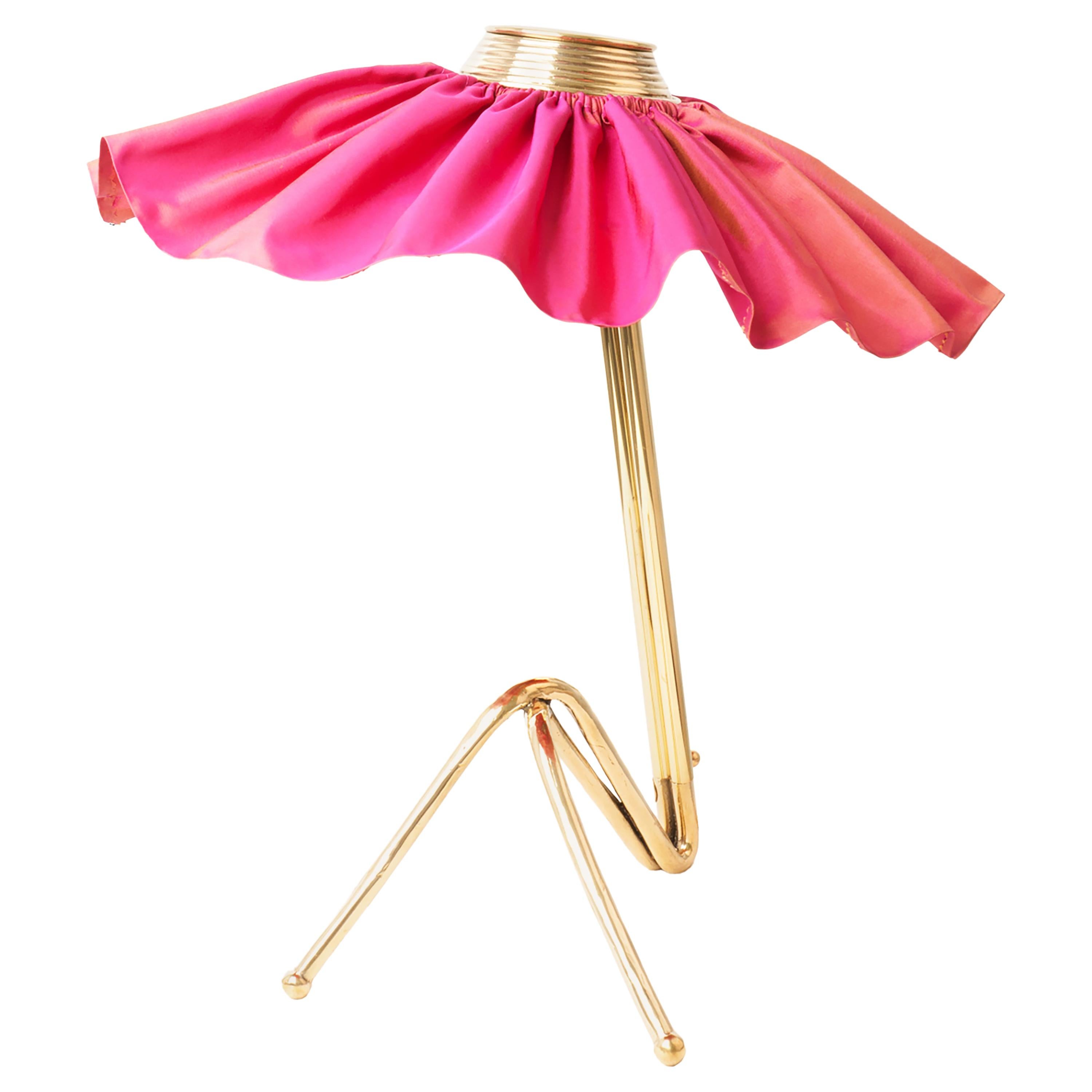 "Freevolle" Sculpture Table Lamp, Cast Brass Body, Rose Taffeta Skirt