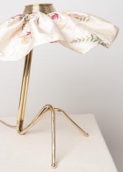 "Freevolle" Sculpture Table Lamp, Cast Brass, Butterfly Silk Skirt, One-Piece