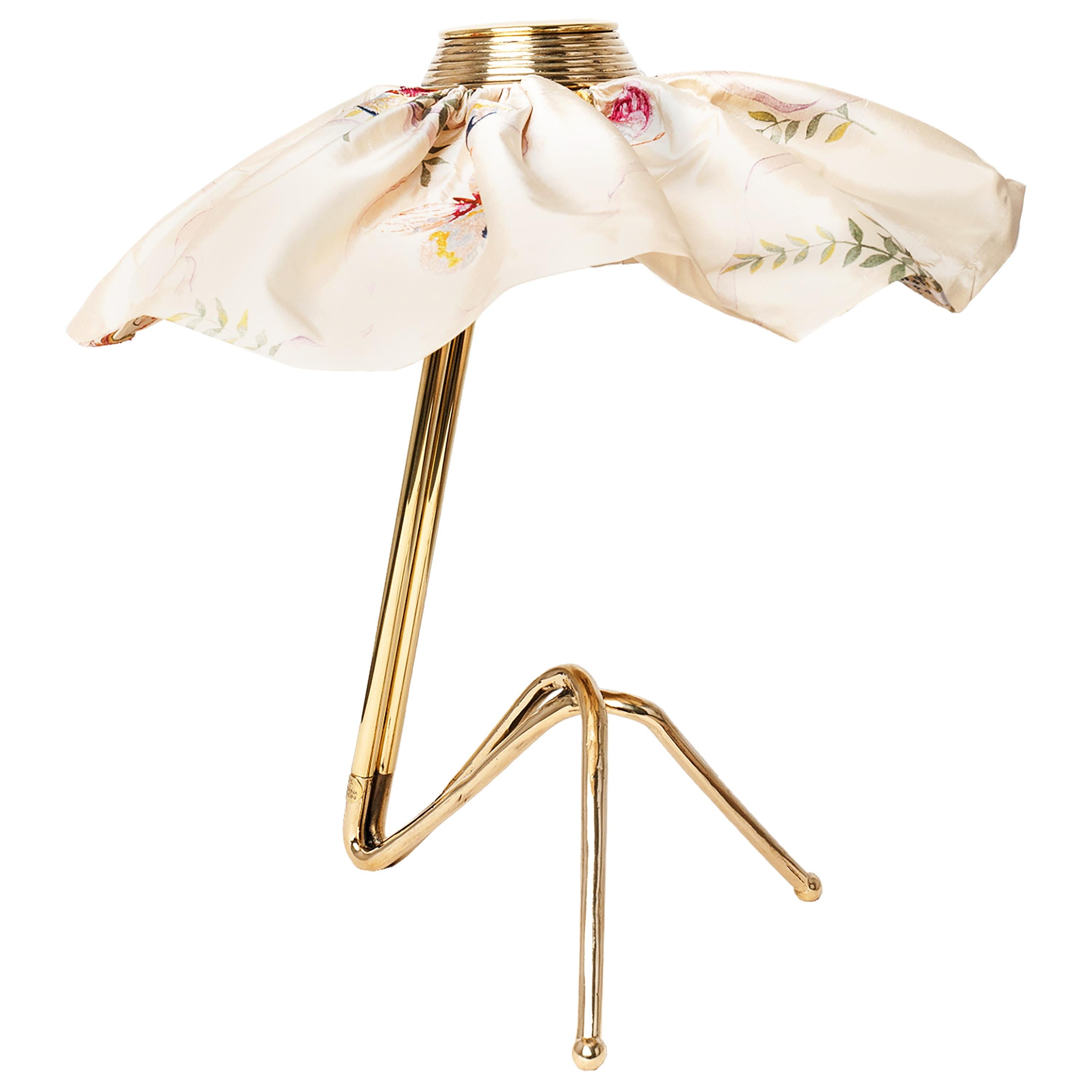 "Freevolle" Sculpture Table Lamp, Cast Brass, Butterfly Silk Skirt, One-Piece