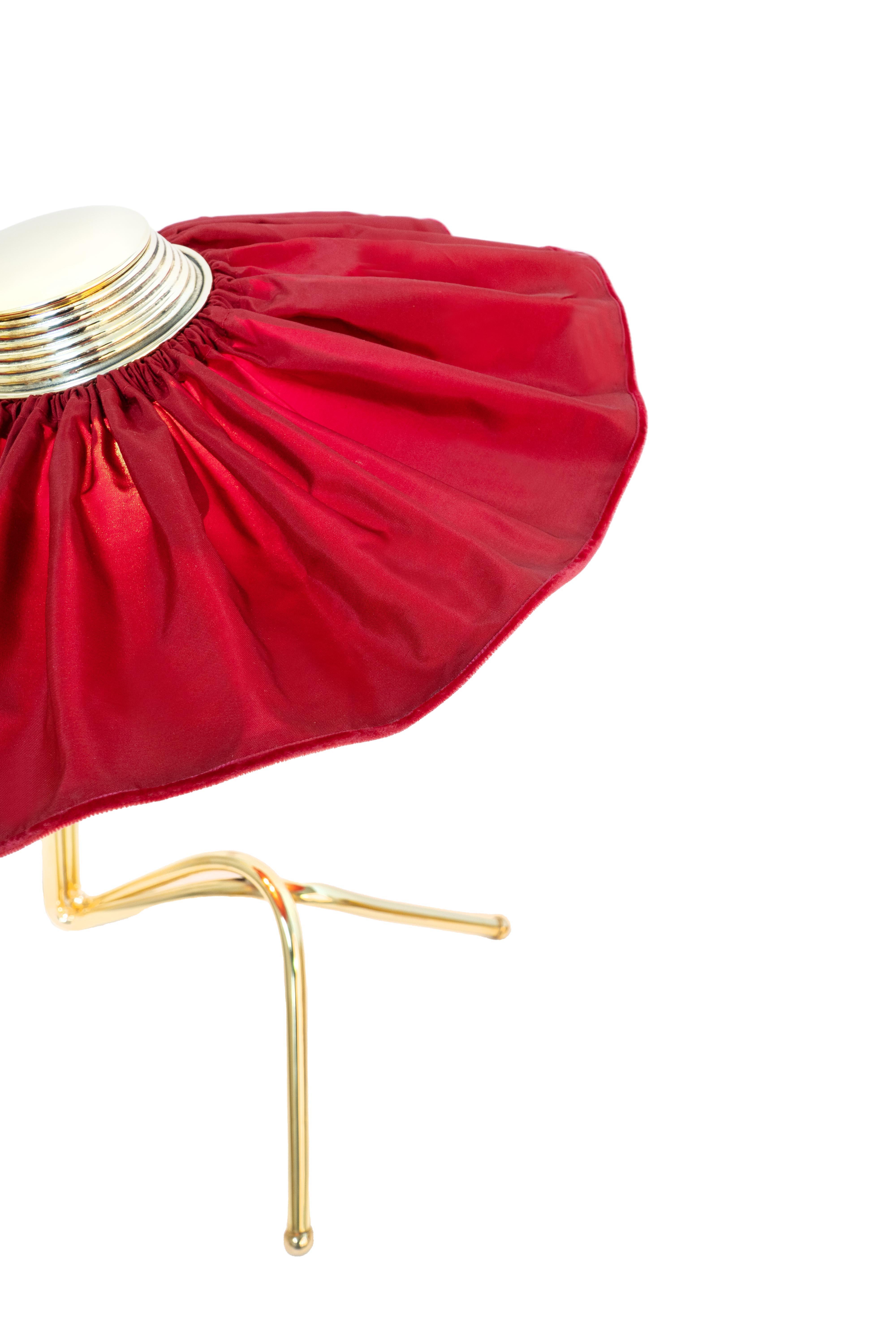 Modern Freevolle Sculpture Table Lamp, cast melted Brass Body, red passion Taffeta