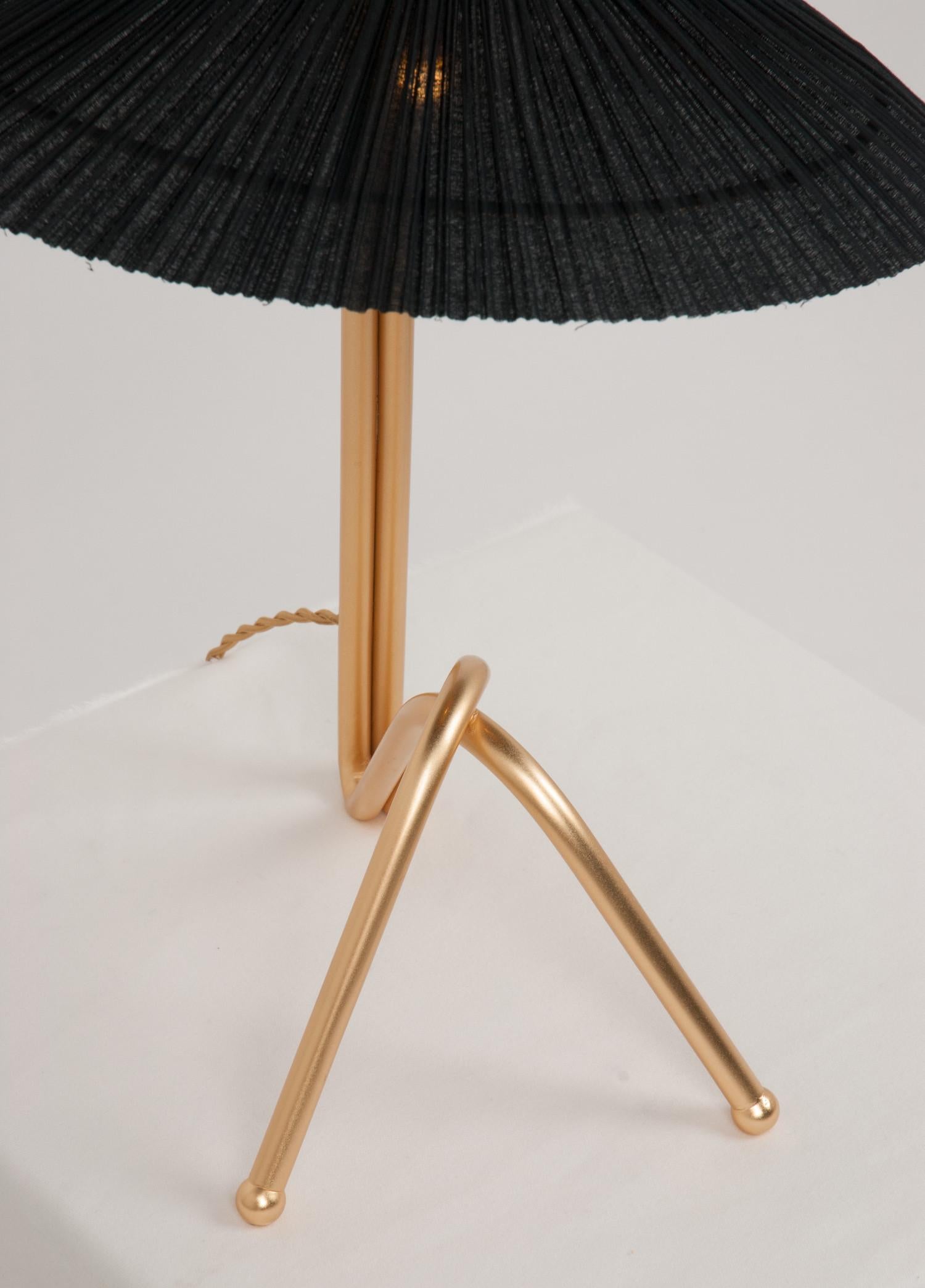Contemporary Freevolle Sculpture Table Lamp, Handmade Brass Body, Black Linen