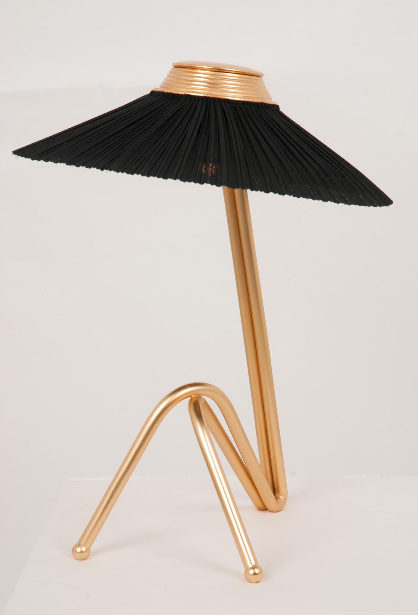 Modern Freevolle Sculpture Table Lamp, Handmade Brass Body, Black Linen