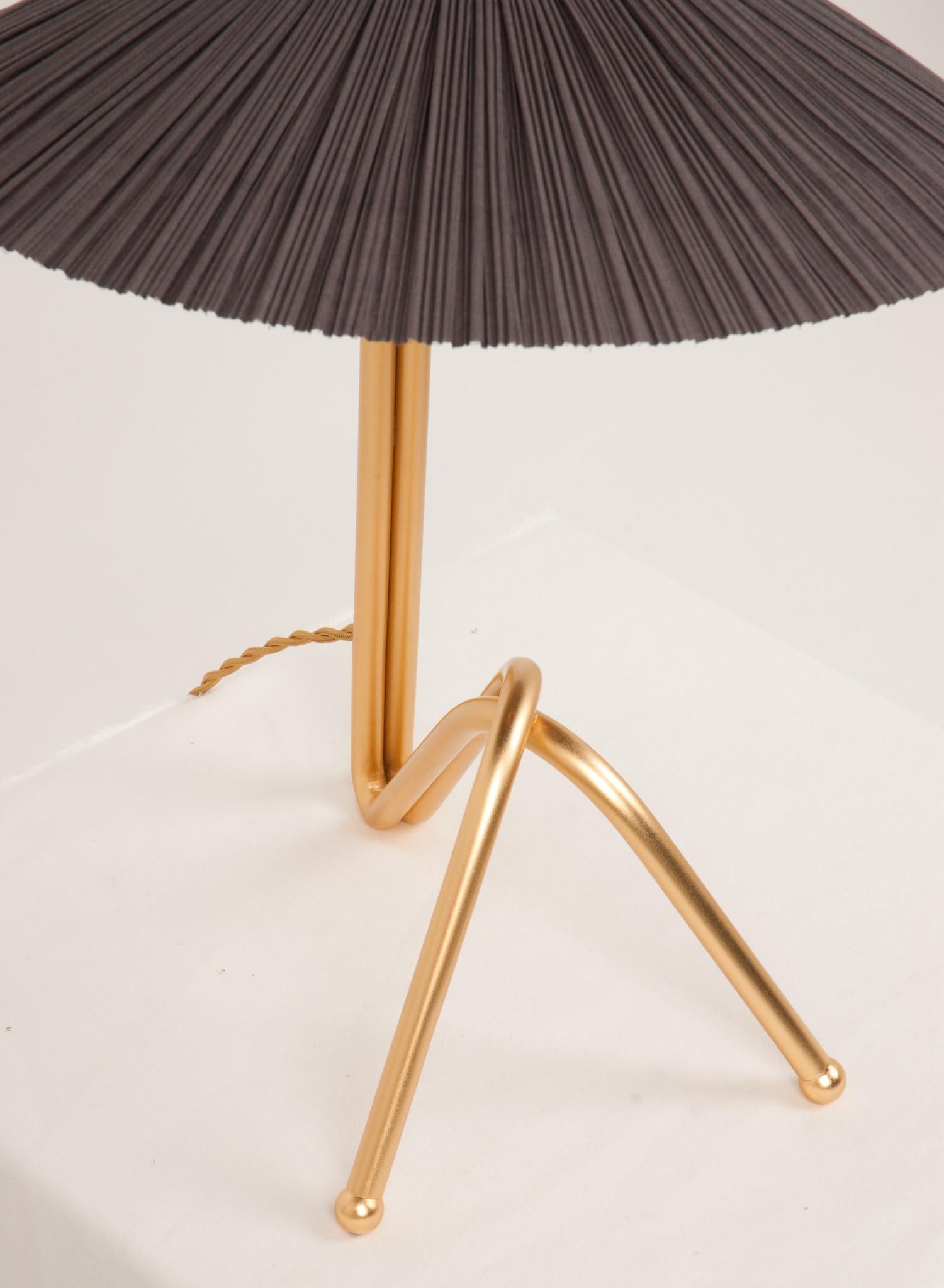 Modern Freevolle Sculpture Table Lamp, Handmade Brass Body, Soft Grey Linen
