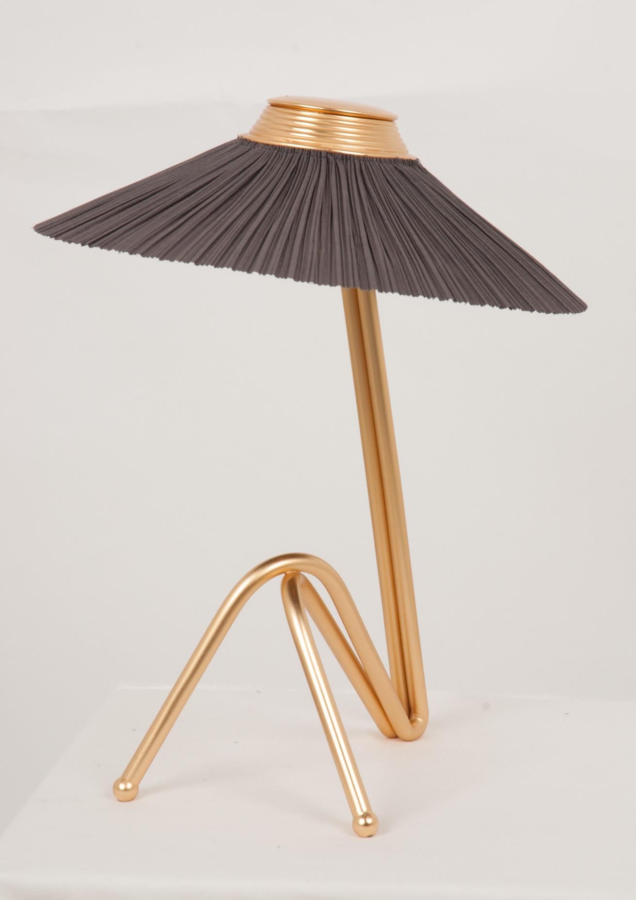 Contemporary Freevolle Sculpture Table Lamp, Handmade Brass Body, Soft Grey Linen