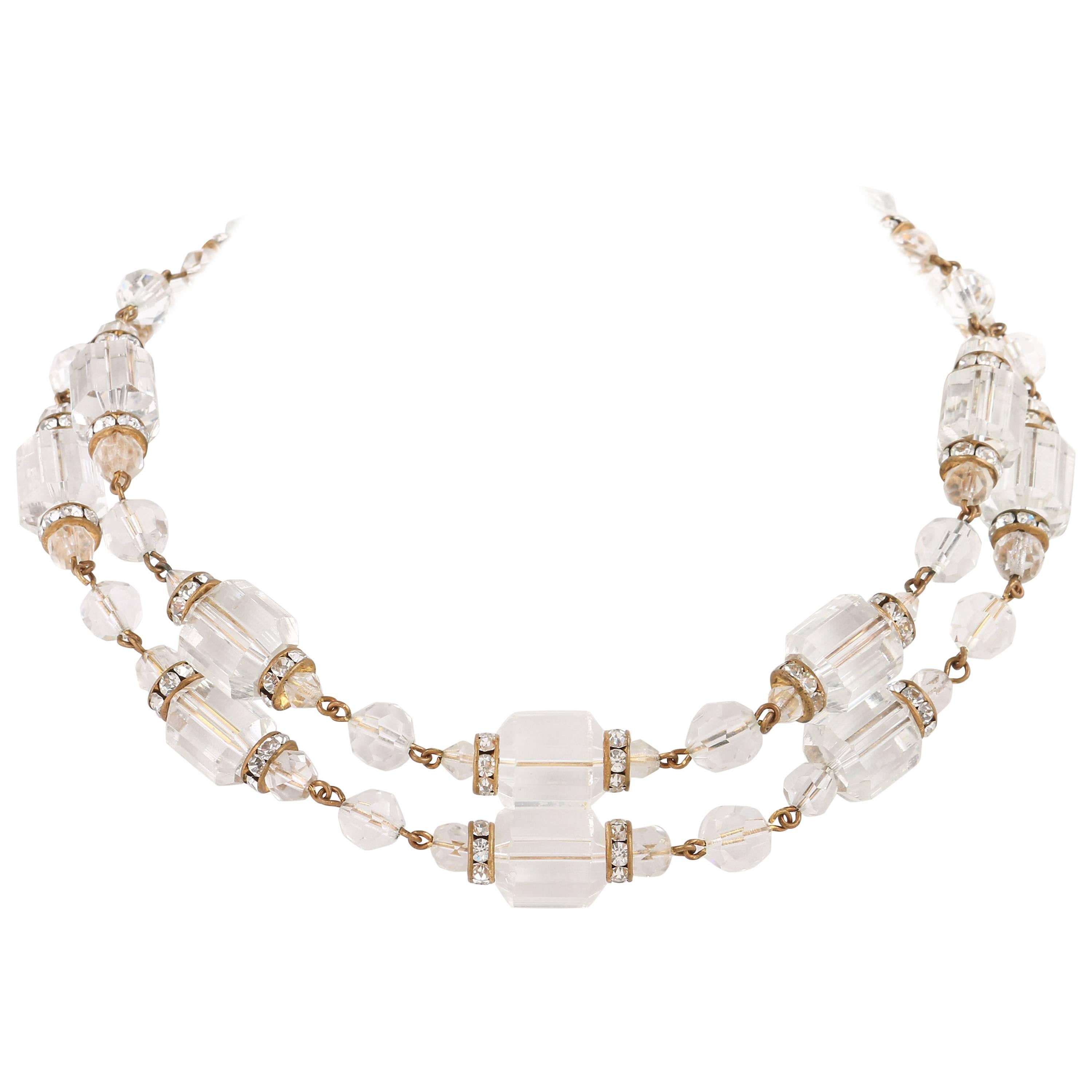 FREIRICH c.1960's Clear Barrel Cut Crystal Beaded Double Strand Choker Necklace