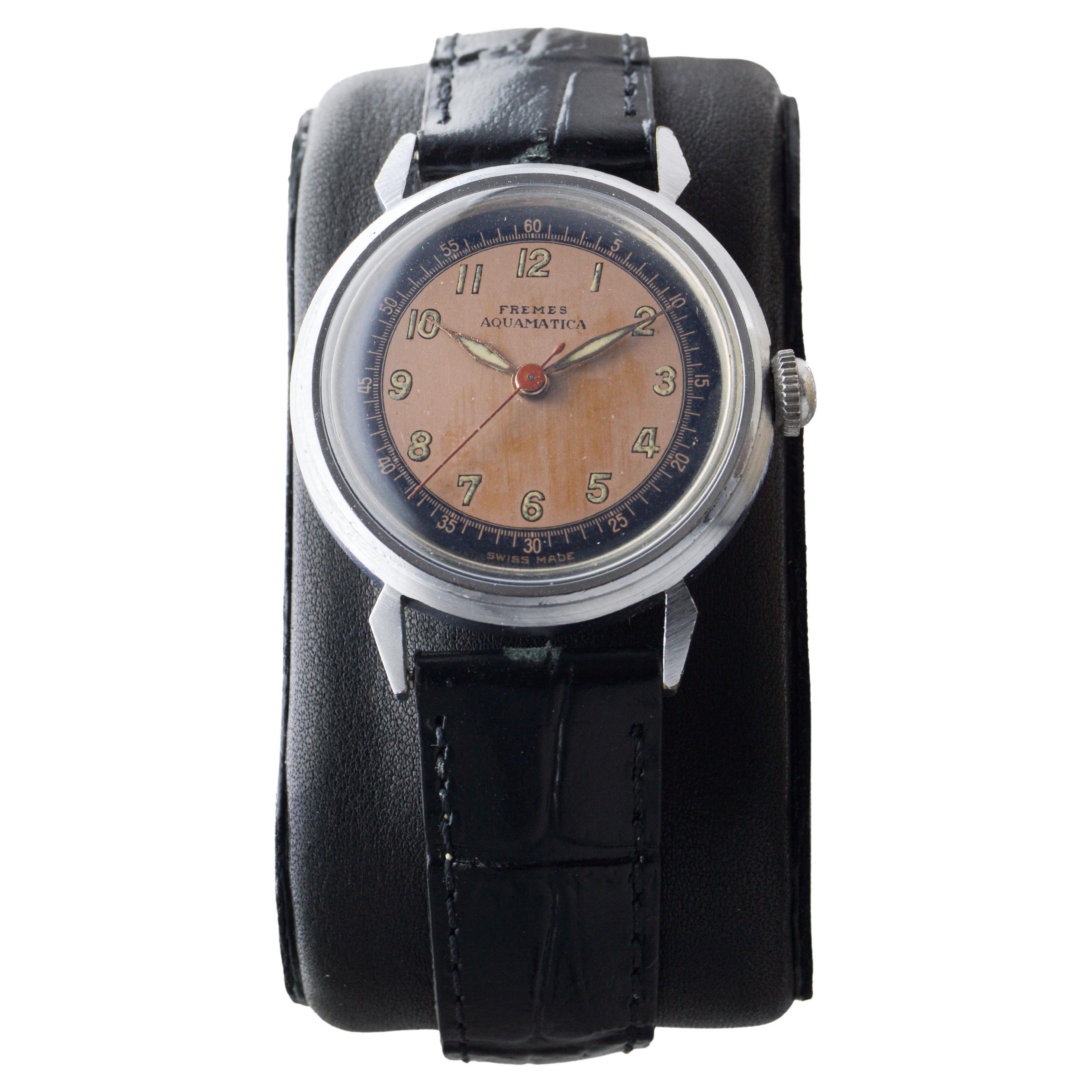 Reloj Fremes Steel Aquamatic Art Déco circa 1940's Bumper Model Esfera Original en Excelente estado para la venta en Long Beach, CA