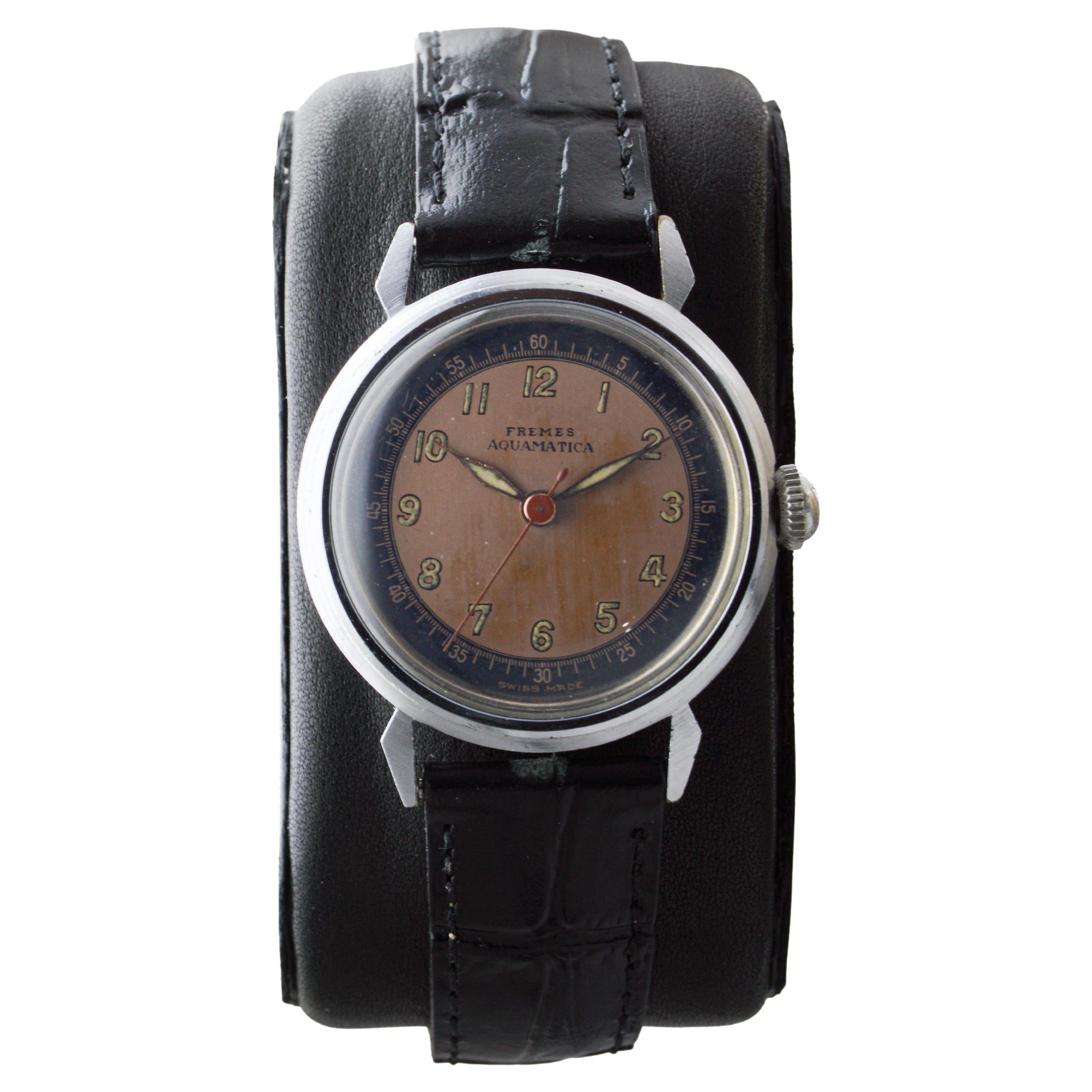 Femenino o masculino Reloj Fremes Steel Aquamatic Art Déco circa 1940's Bumper Model Esfera Original en venta