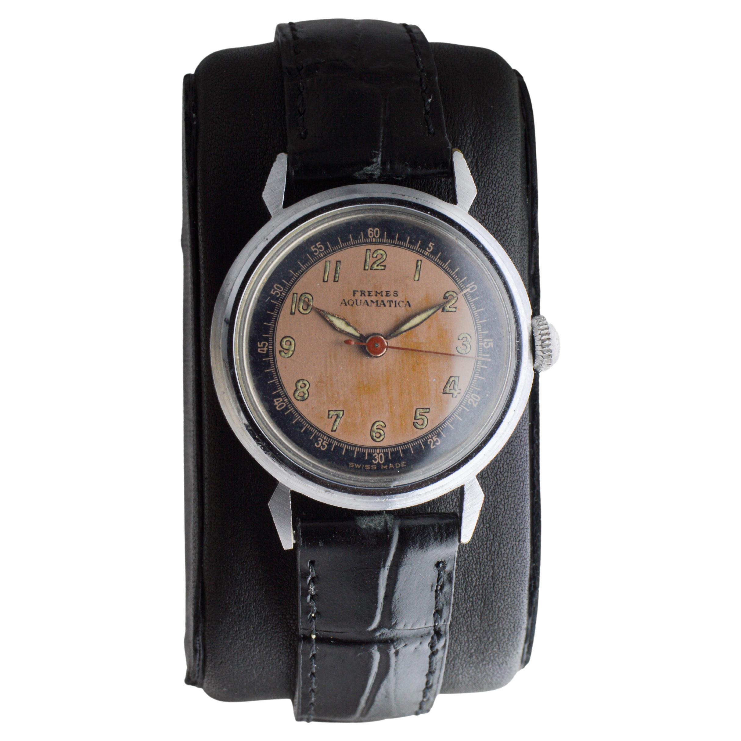 Orologio Fremes Aquamatic Art Deco in acciaio del 1940 circa Modello Bumper Quadrante originale