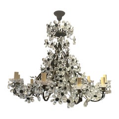 French 10-Branch Floral Crystal Chandelier, Attributed to Maison Bagués, 40s-50s