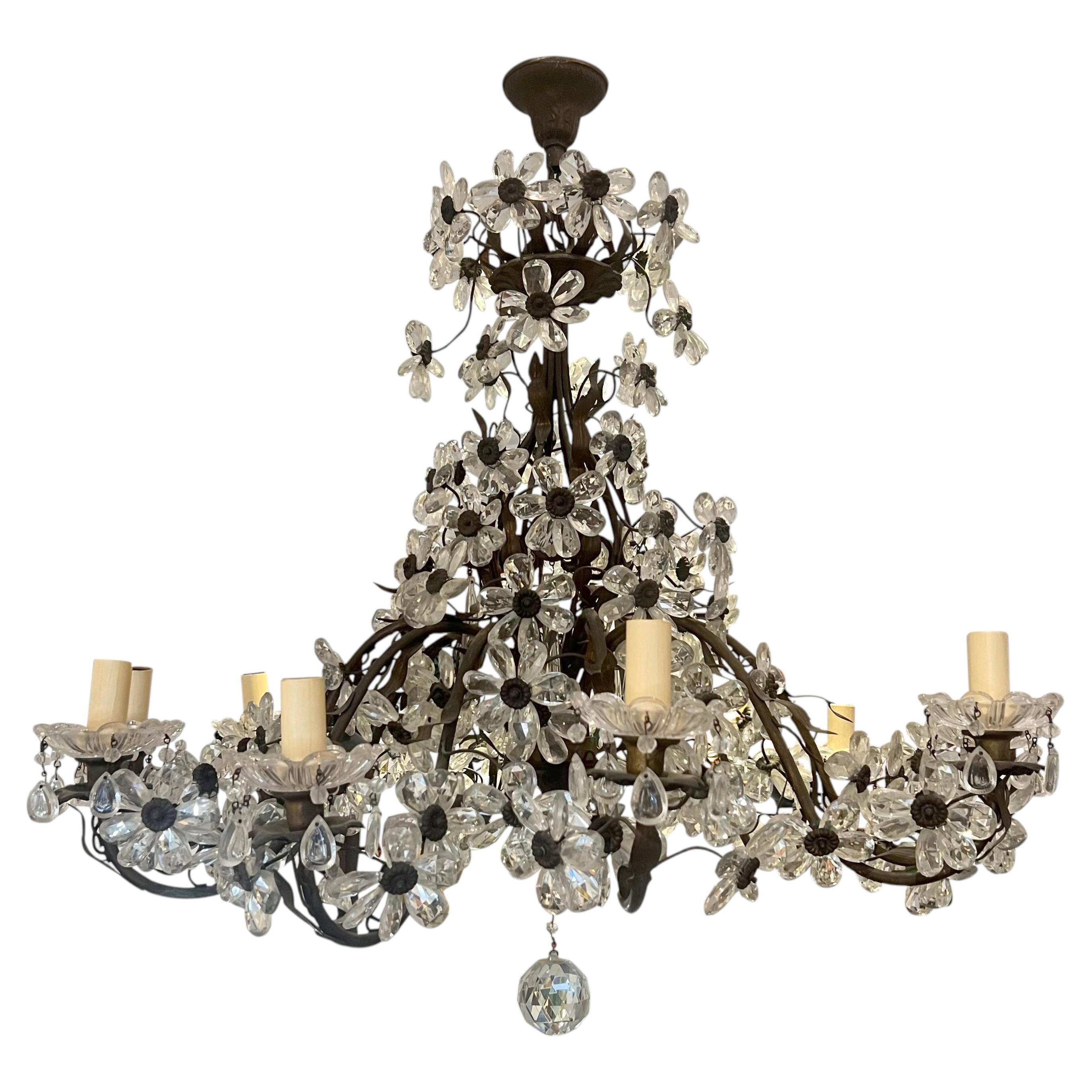 French 10-Branch Floral Crystal Chandelier, Attributed to Maison Bagués, 40s-50s