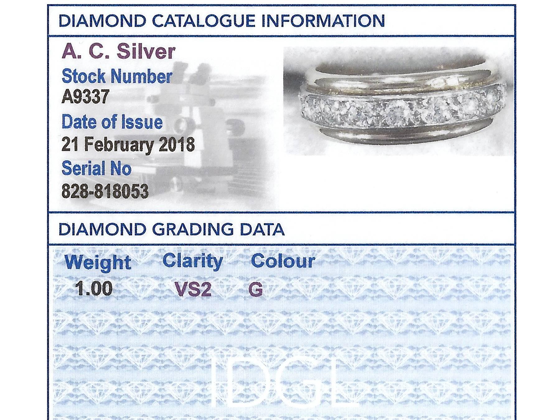 French 1.00 Carat Diamond and Gold Platinum Set Eternity Ring- Size 5 3/8 1