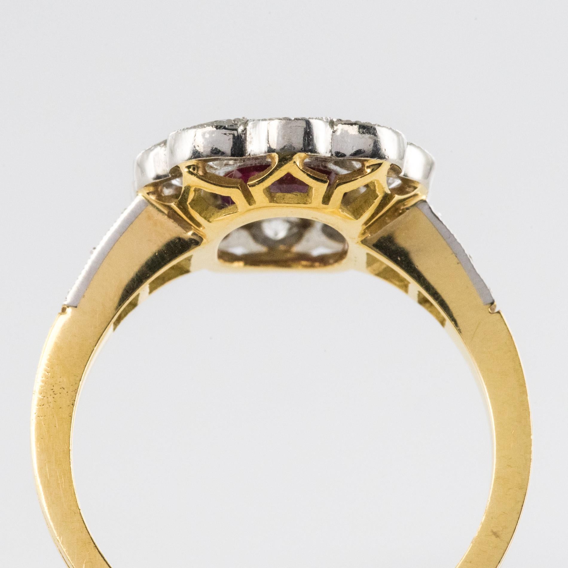 Oval Cut French 1.05 Carat Ruby Diamonds 18 Karat Yellow Gold Platinum Cluster Ring