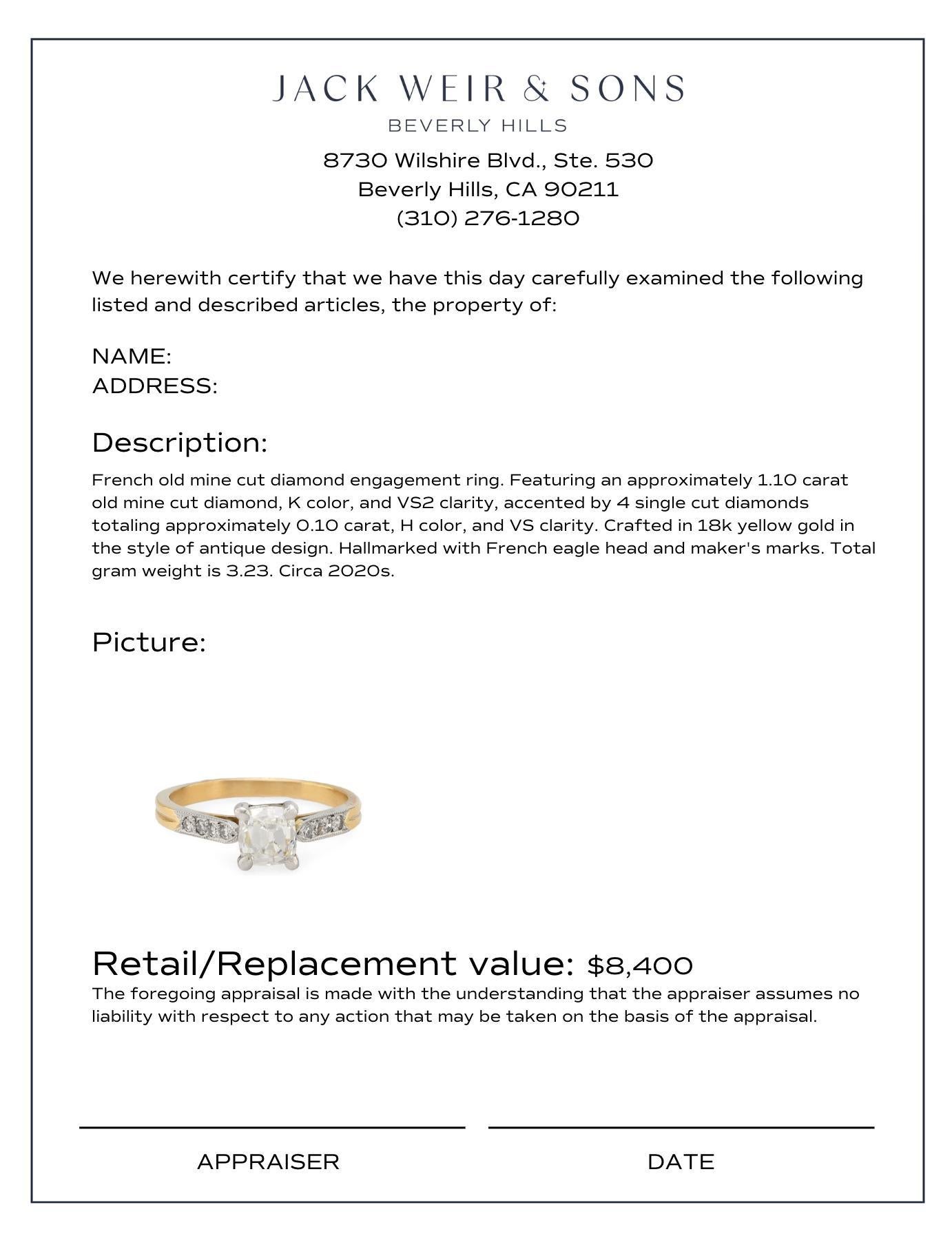 Bague de fiançailles française en or jaune 18 carats avec diamant taille vieille mine de 1,10 carat Excellent état à Beverly Hills, CA