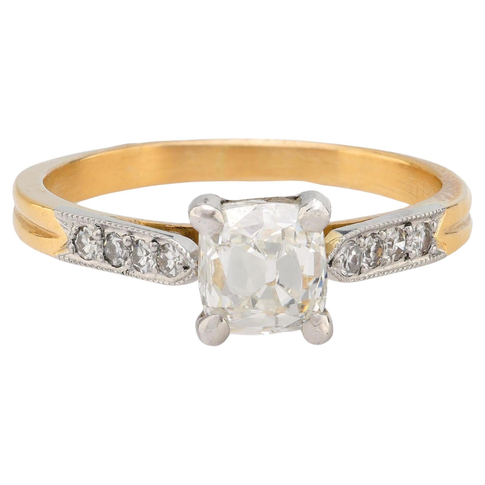 Bague de fiançailles française en or jaune 18 carats avec diamant taille vieille mine de 1,10 carat
