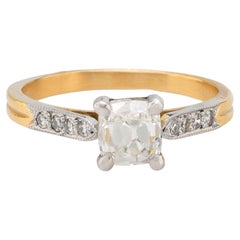 Bague de fiançailles française en or jaune 18 carats avec diamant taille vieille mine de 1,10 carat