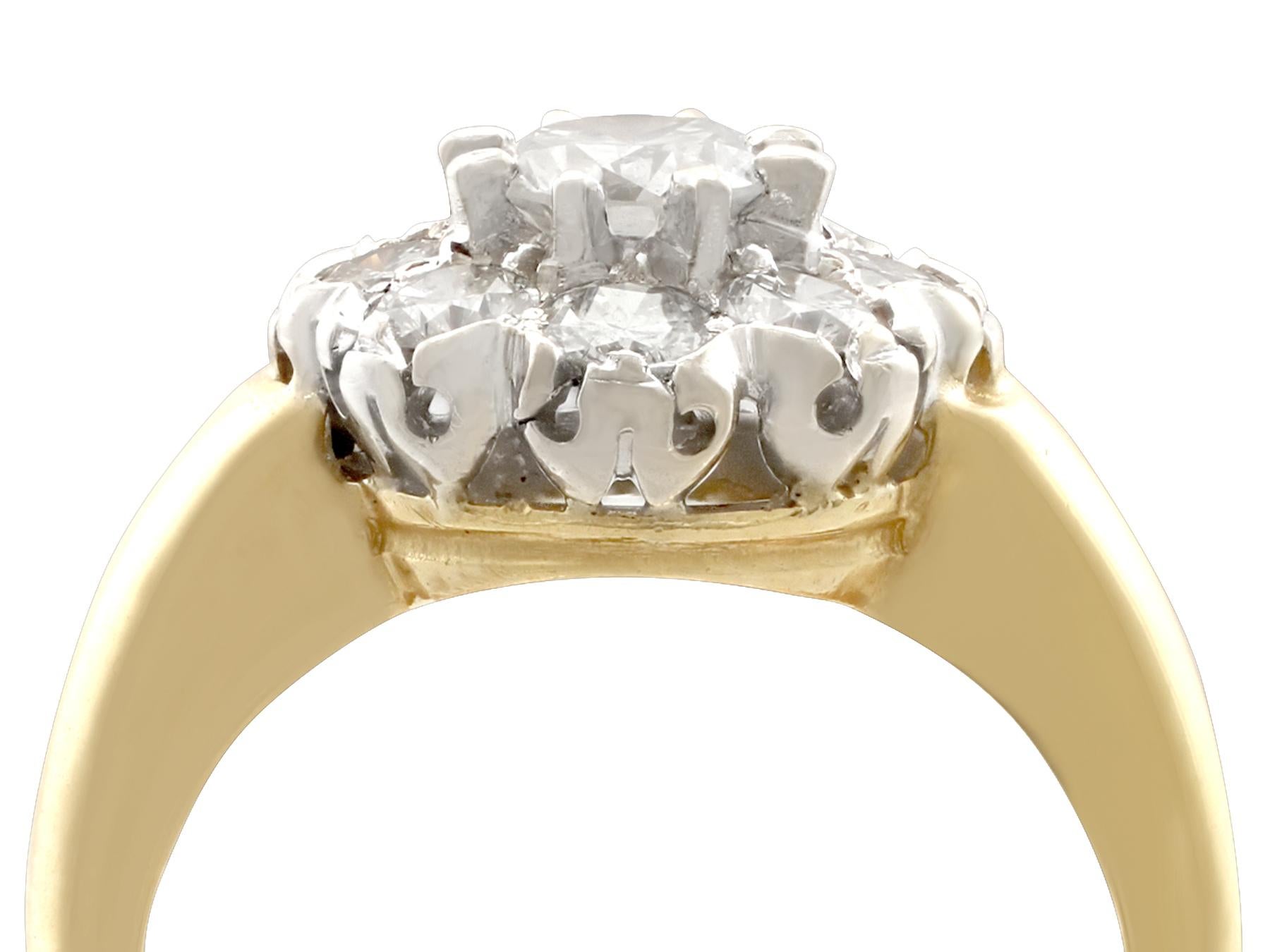 A stunning, fine and impressive vintage French 1.15 carat diamond, 18k yellow gold, 18k white gold set cluster ring; an addition to our vintage jewelry and estate jewelry collections

This stunning vintage diamond cluster ring has been crafted in