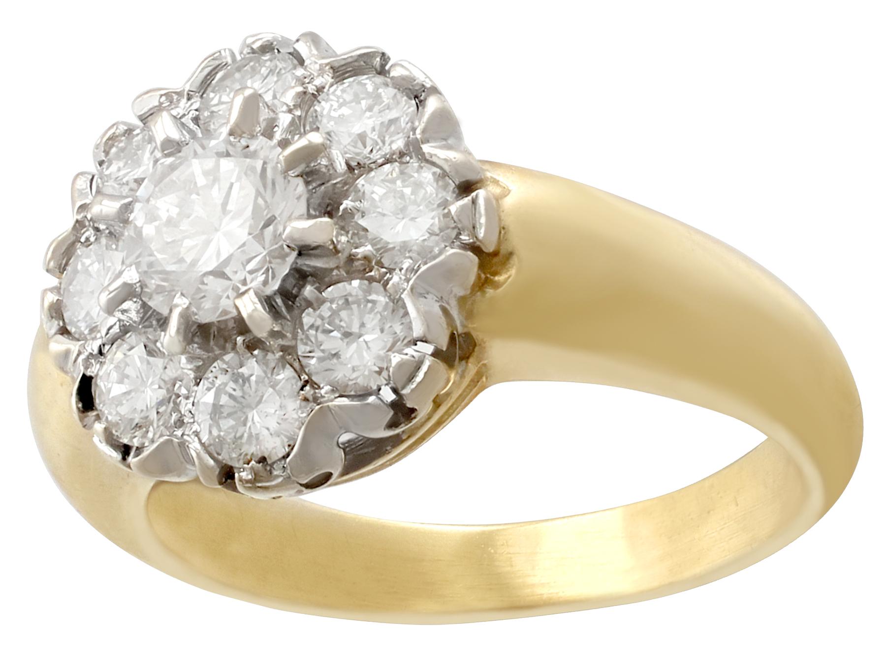 Vintage French 1.15 Carat Diamond and Yellow Gold Cluster Ring In Excellent Condition In Jesmond, Newcastle Upon Tyne