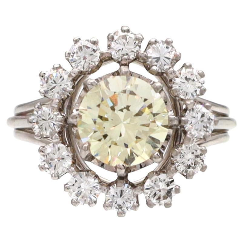 French 1.18ct Pale Yellow Diamond Cluster Ring in Platinum and 18kt White Gold For Sale