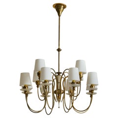 French 12-Arm Brass Chandelier with Glass Bobeches, 1950s