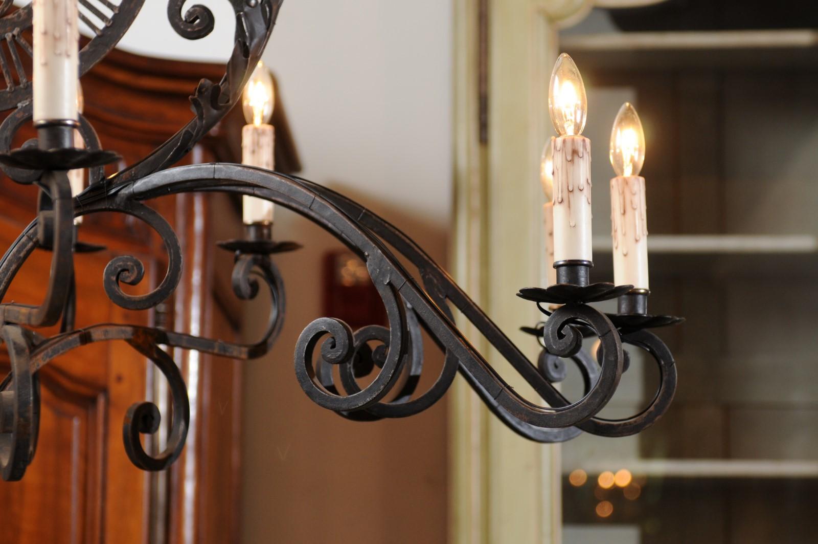 French 12-Light Wrought-Iron Chandelier with Clock Motif and Scrolling Armature 3