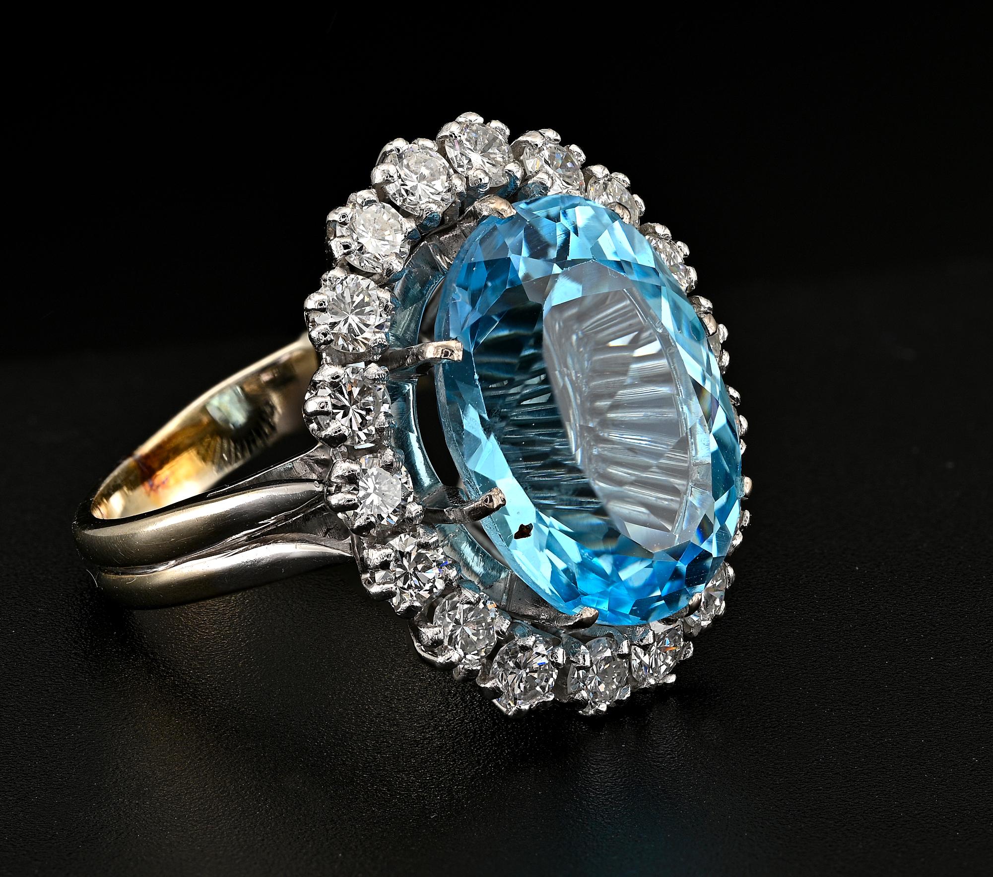 Contemporary French 12.00 Ct. Blue Topaz 1.50 Ct Diamond Platinum Ring For Sale