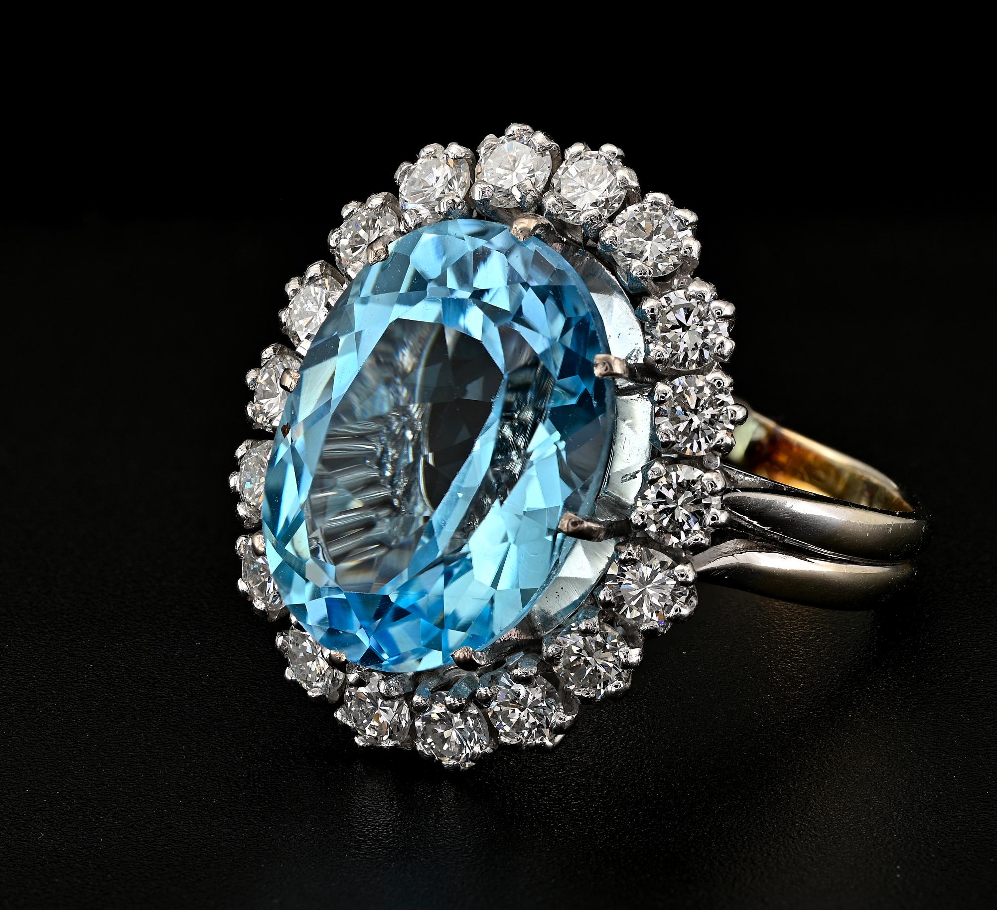 Oval Cut French 12.00 Ct. Blue Topaz 1.50 Ct Diamond Platinum Ring For Sale
