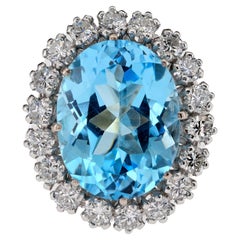 Vintage French 12.00 Ct. Blue Topaz 1.50 Ct Diamond Platinum Ring