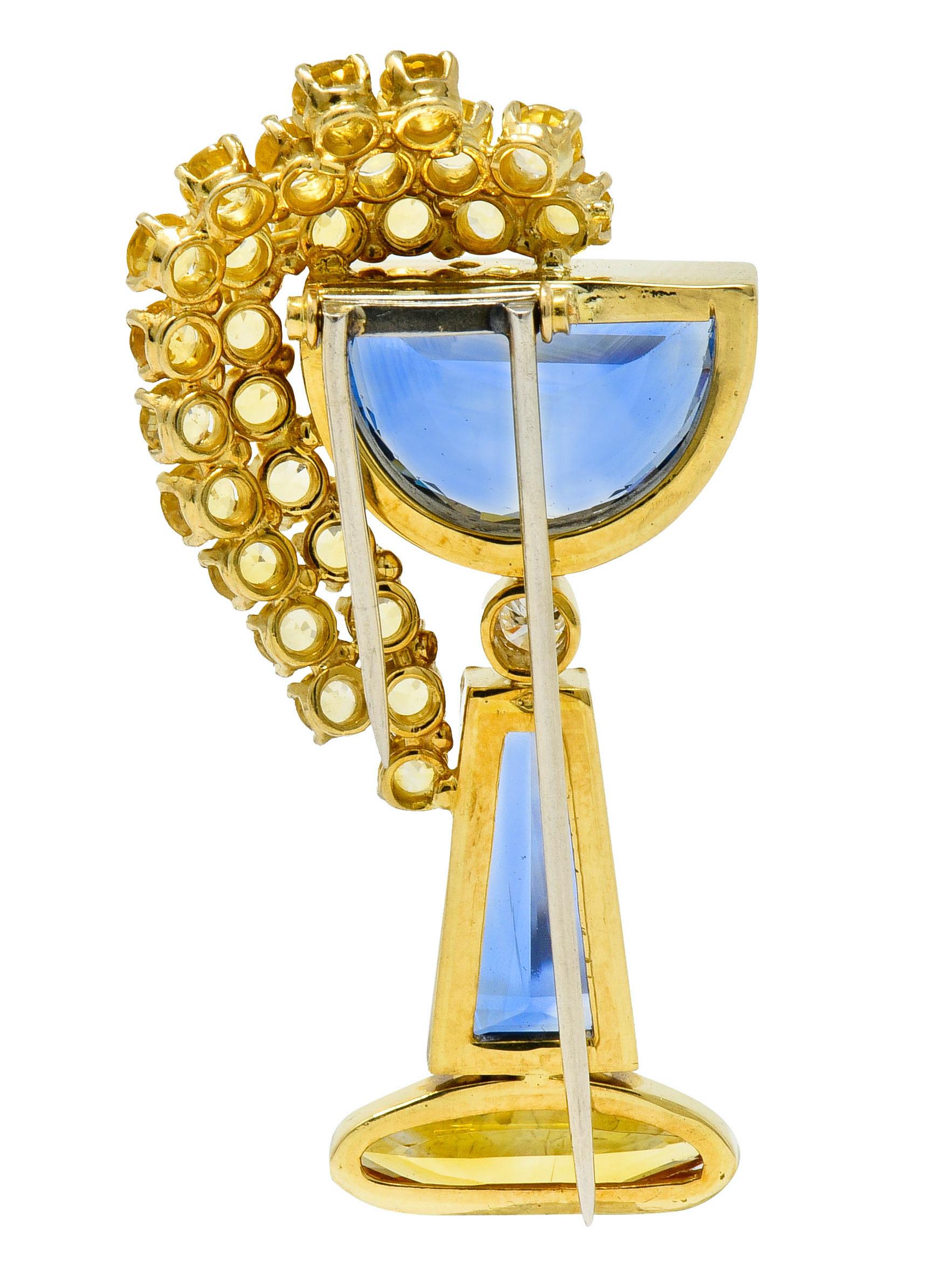 French 13.60 Carat Sapphire Diamond 18 Karat Gold Goblet Brooch In Excellent Condition In Philadelphia, PA