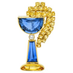 French 13.60 Carat Sapphire Diamond 18 Karat Gold Goblet Brooch