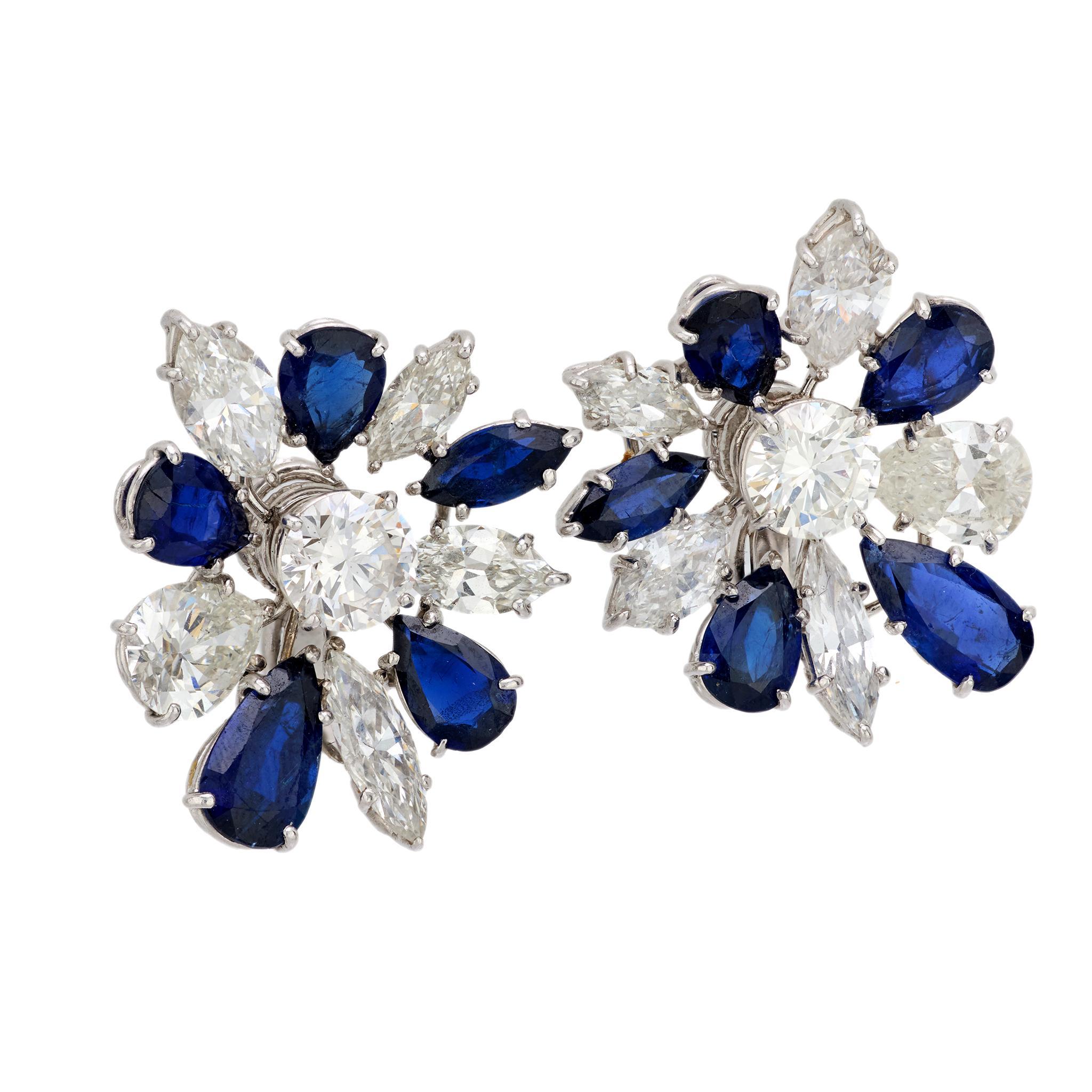 Modern French 14.60 carat total weight diamond and sapphire platinum earrings
