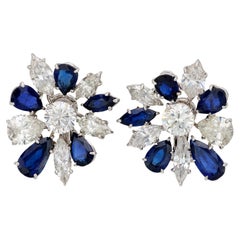 French 14.60 carat total weight diamond and sapphire platinum earrings