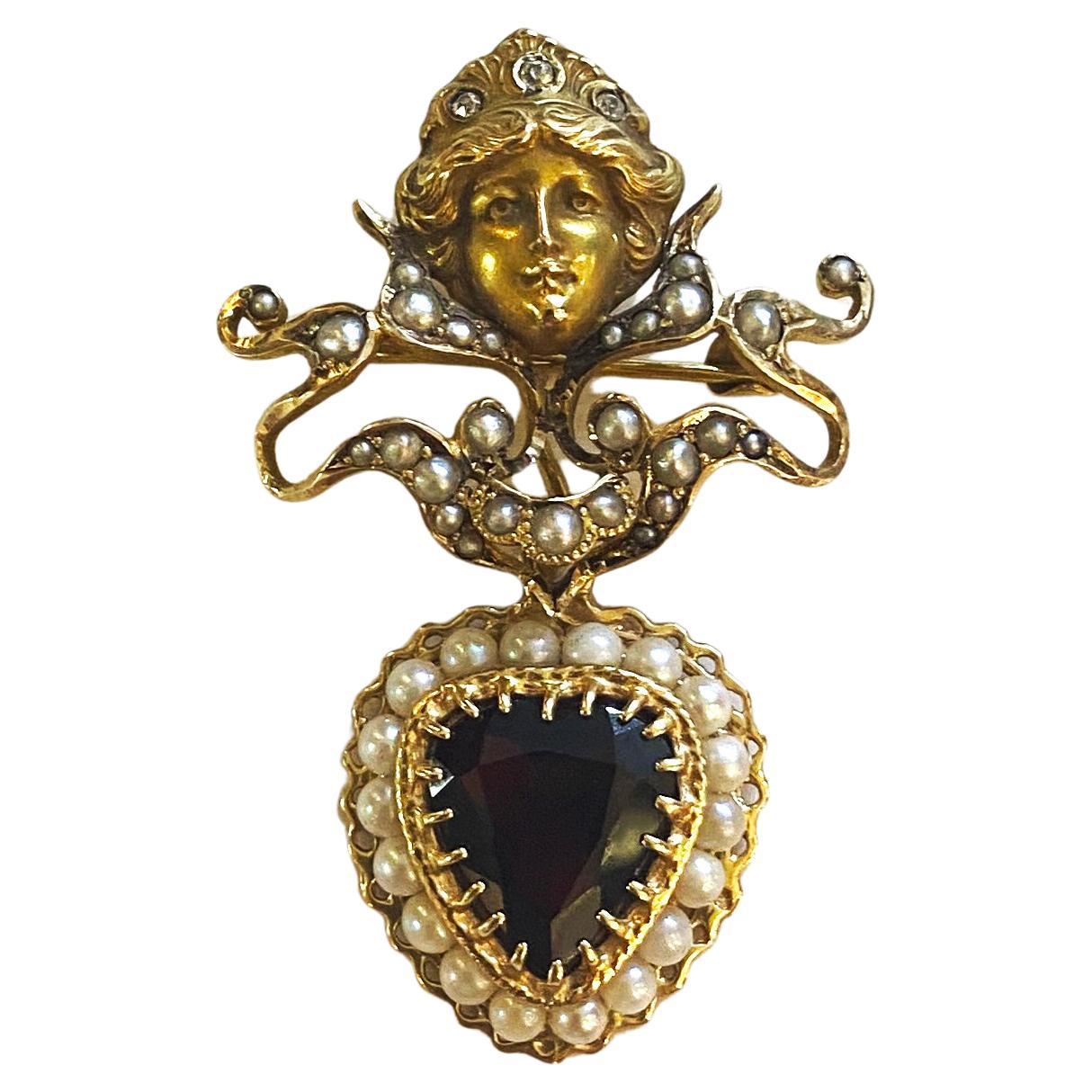 French 14k Gold Garnet with Diamonds Brooch