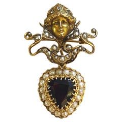 French 14k Gold Garnet with Diamonds Brooch