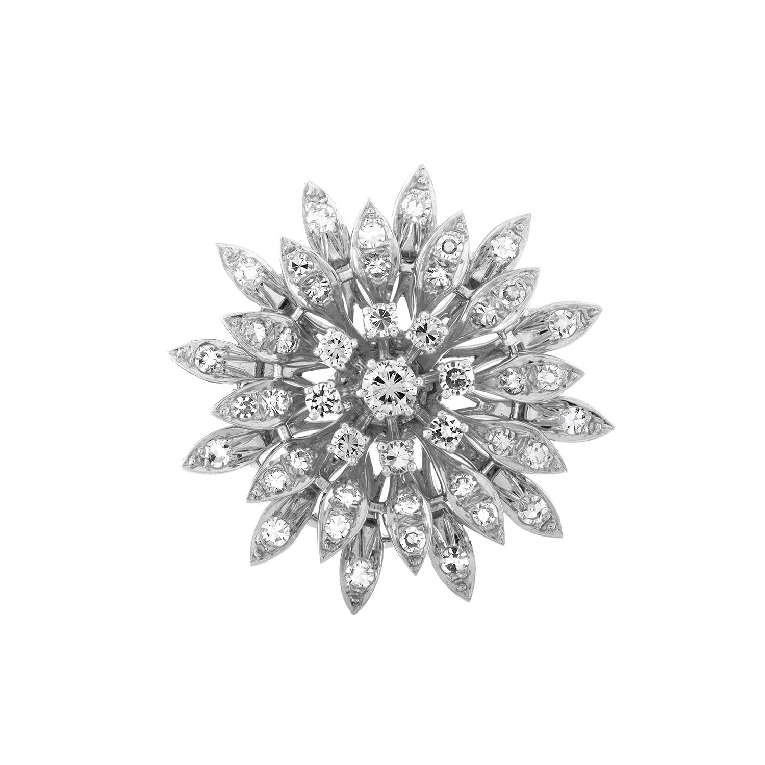 Artisan French 1.50 Carat Diamond Gold Flower Brooch For Sale