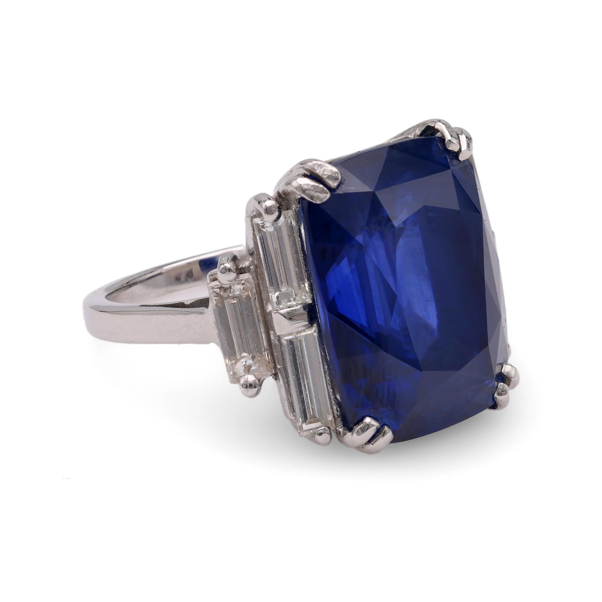Cushion Cut French 15.49 Carat Sapphire Diamond White Gold Ring