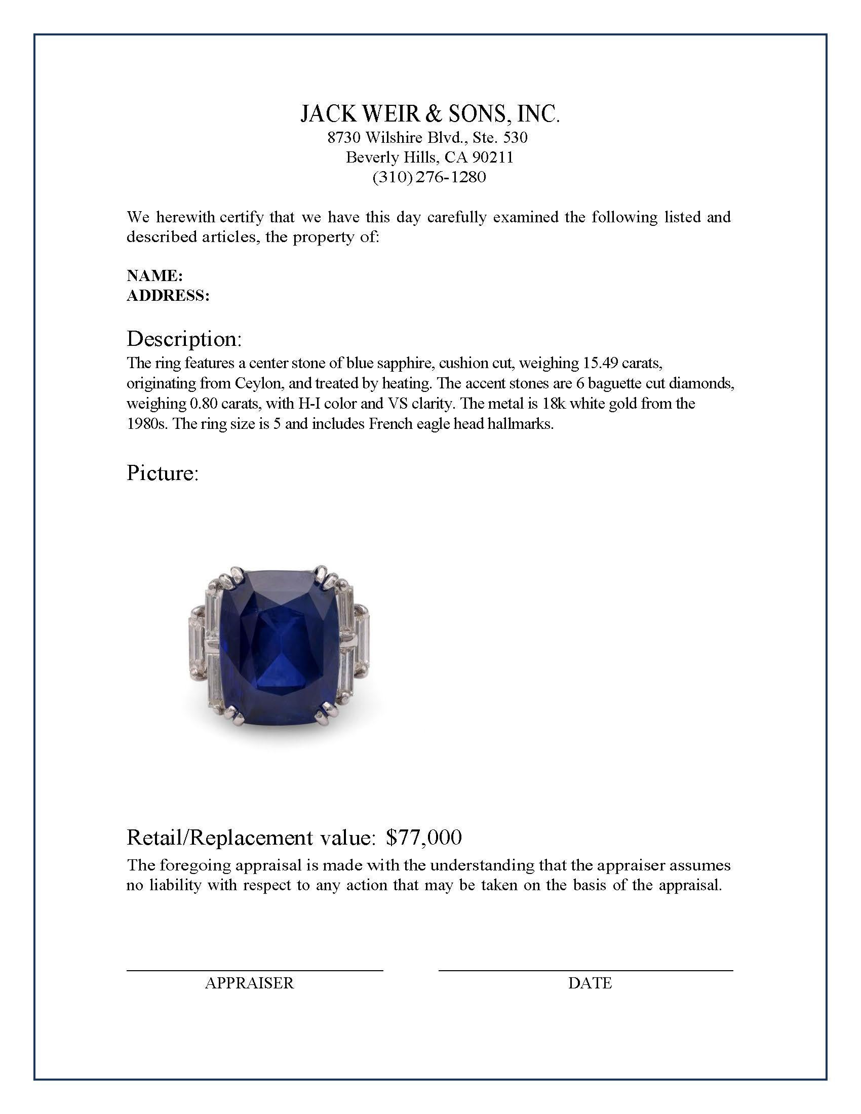French 15.49 Carat Sapphire Diamond White Gold Ring In Excellent Condition In Beverly Hills, CA