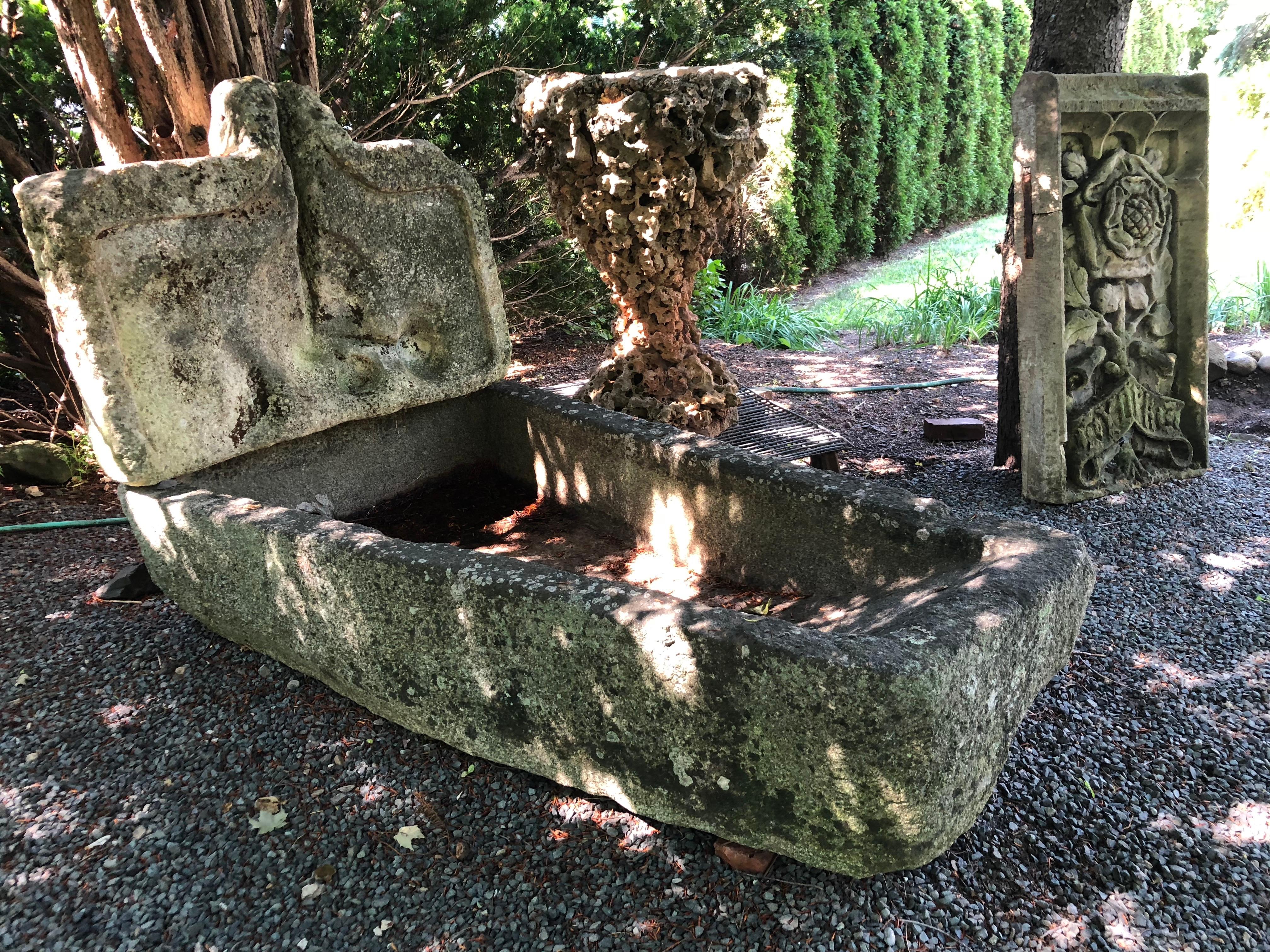 18th Century and Earlier French 15th Century Hand-Carved Granite Trough with Fountain Backsplash