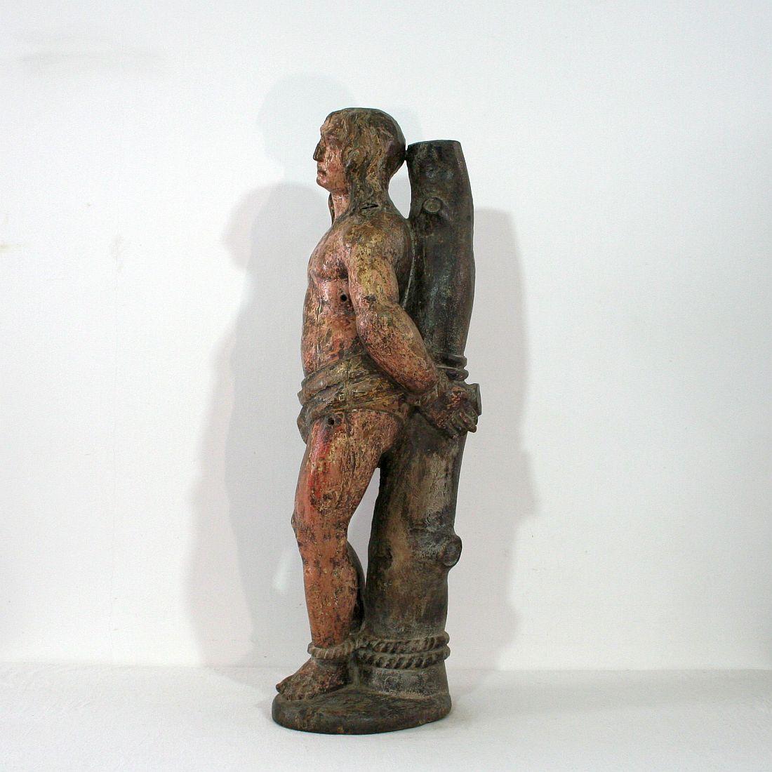 French 16th-17th Century Painted Wooden Statue of Saint Sebastian 5